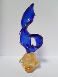 Murano Art Glass Italian Wave Twist Spiral Blue Ribbon Sculpture Abstract Gold