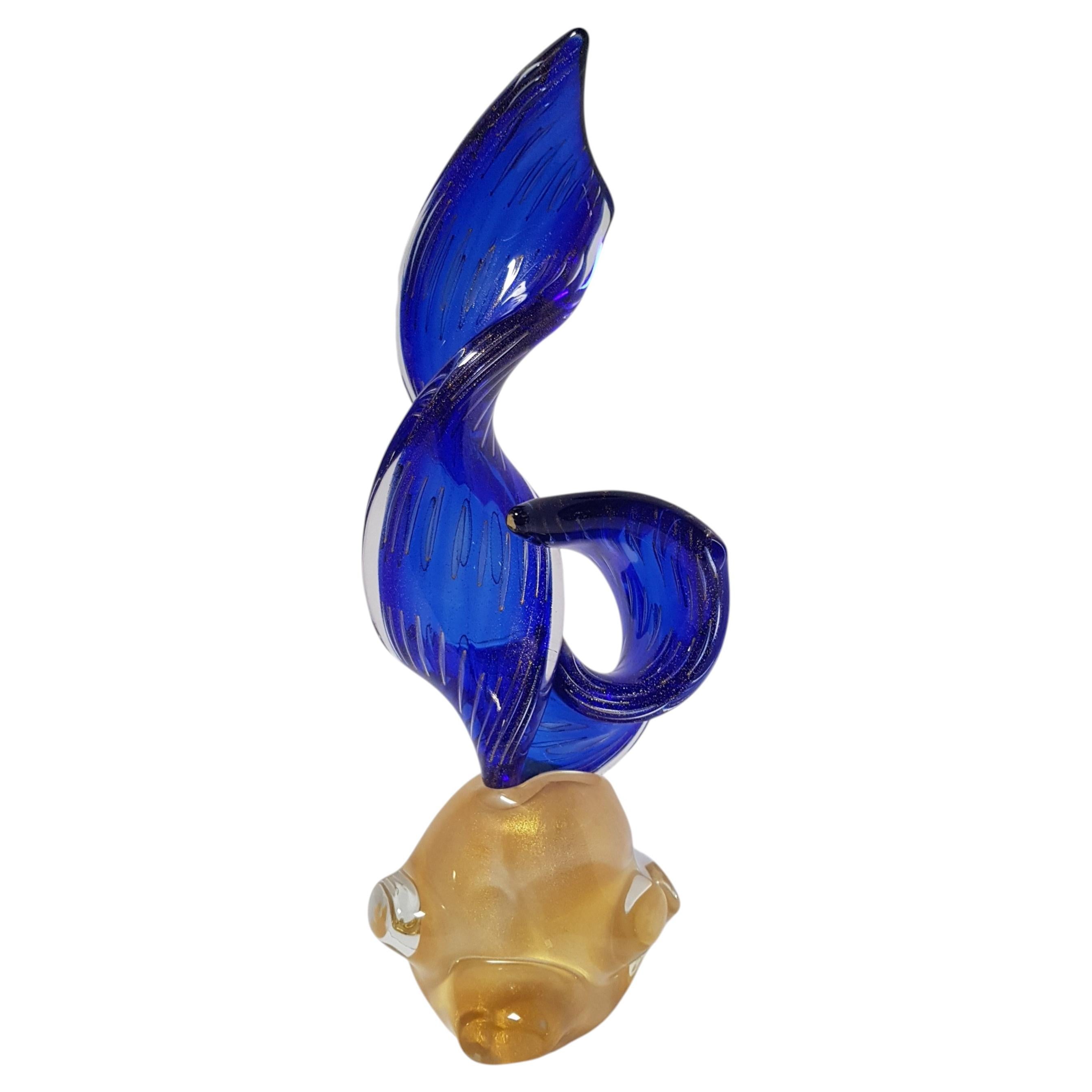 Murano Art Glass Italian Wave Twist Spiral Blue Ribbon Sculpture Abstract Gold