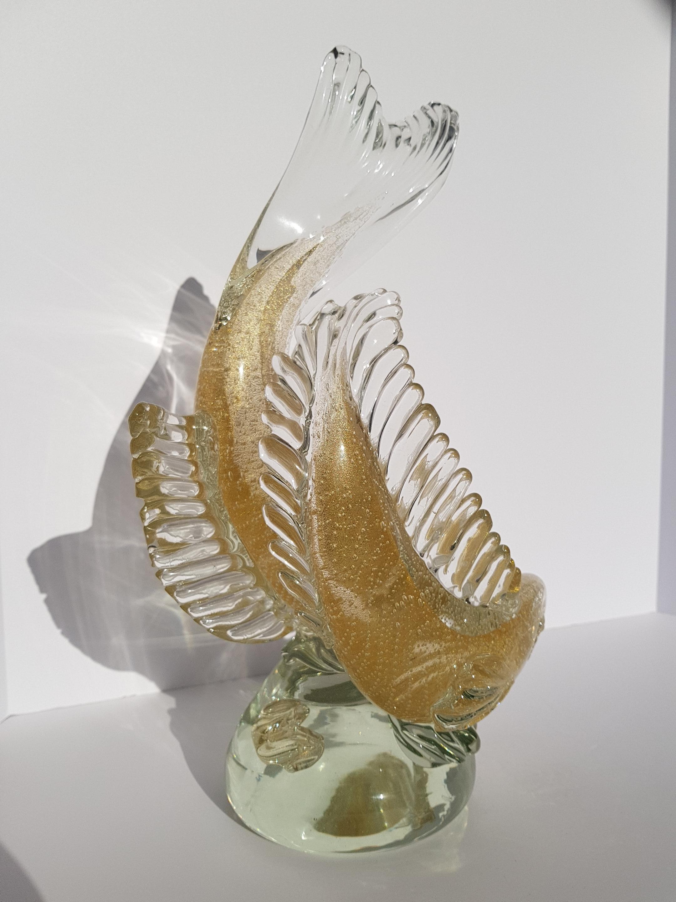 Fatto a mano Scultura di pesce Koi in vetro artistico di Murano Barbini Bolla d'oro Hollywood Regency Modern in vendita