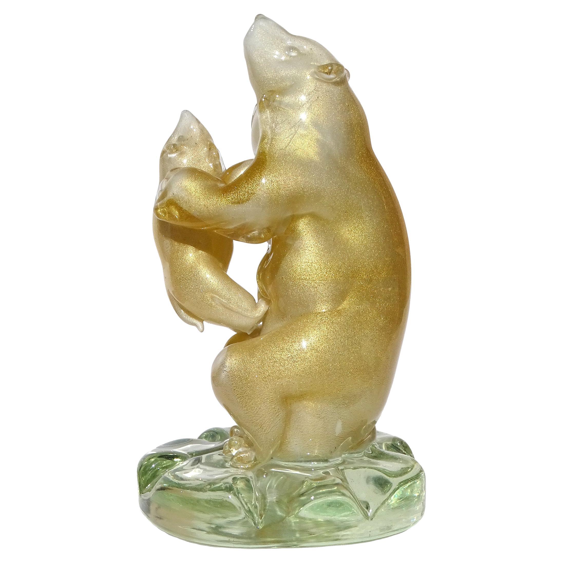 Scultura in vetro artistico di Murano con mamma orso e fiocchi d'oro, rara, metà del secolo scorso, Italia