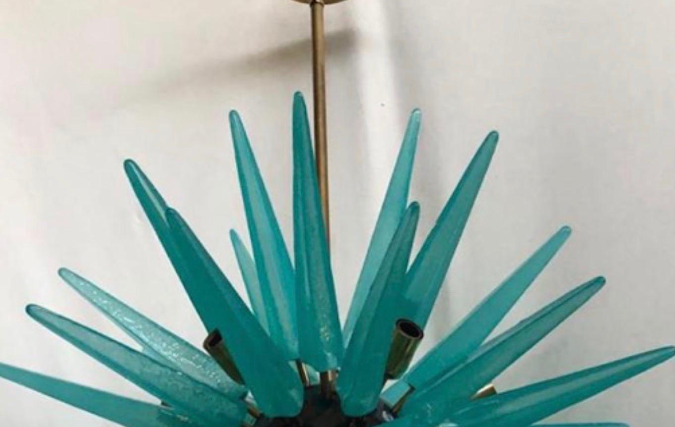 Late 20th Century Murano Sputnik Art Glass Water Green Midcentury Italian Chandelier Pendant, 1970 For Sale