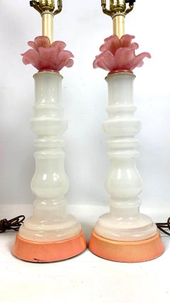 Murano Art Glass Modern Floral Columnar Pink and White Milk Glass Table Lamps