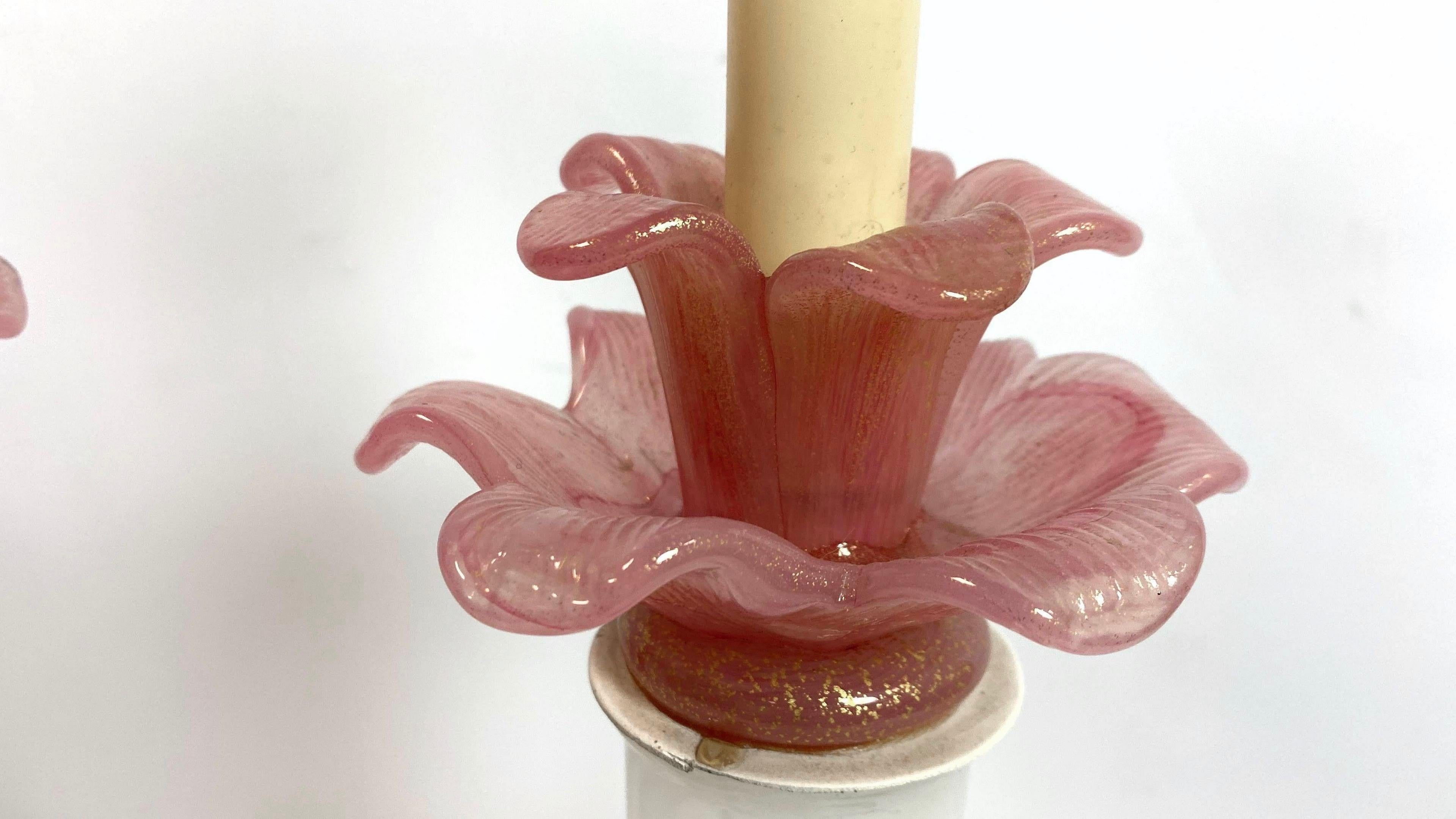 Murano Art Glass Modern Floral Columnar Pink and White Milk Glass Table Lamps In Good Condition In Brooklyn, NY