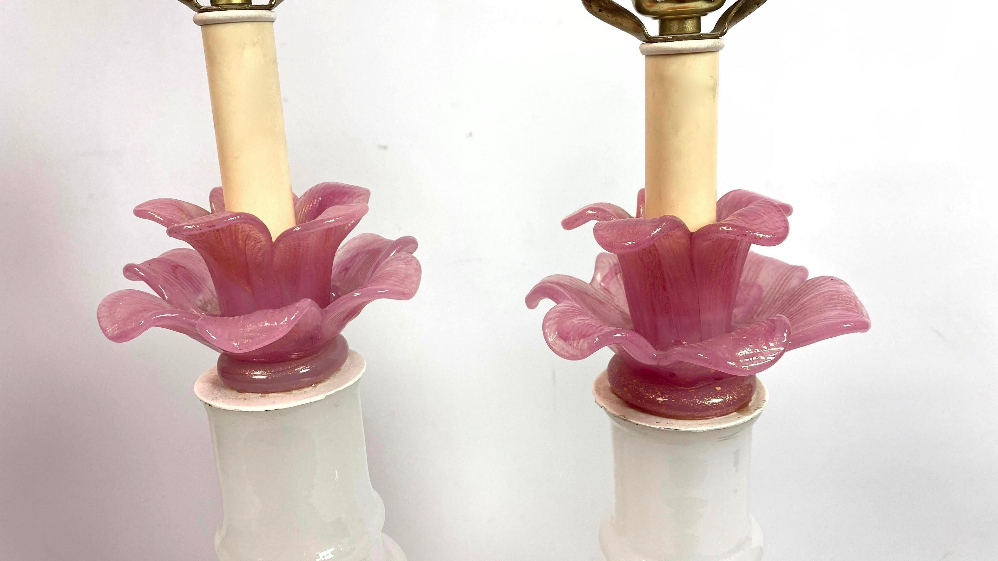 Italian Murano Art Glass Modern Floral Columnar Pink and White Milk Glass Table Lamps
