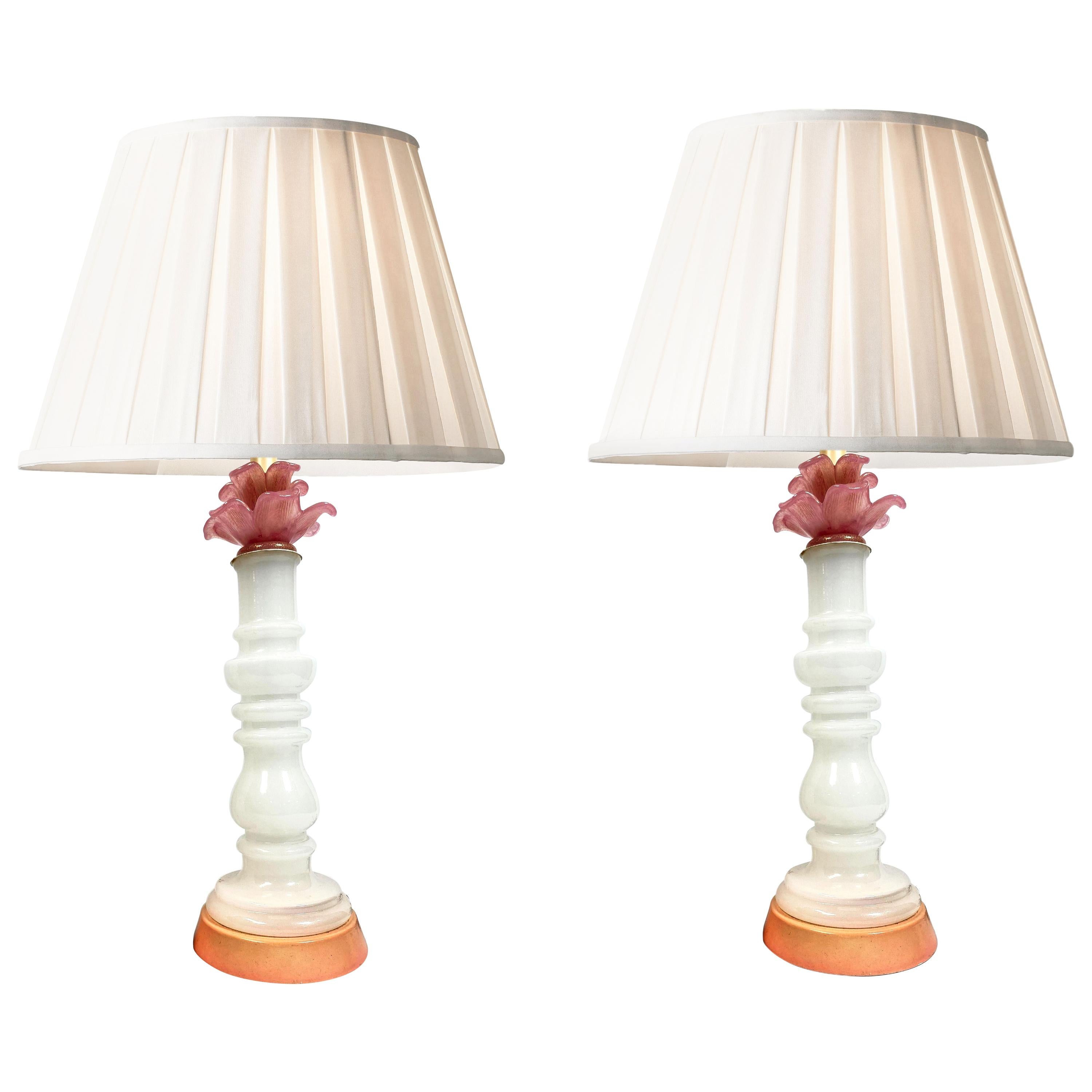 Murano Art Glass Modern Floral Columnar Pink and White Milk Glass Table Lamps