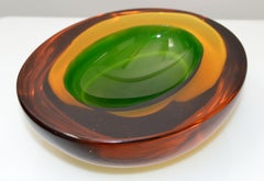 Murano Art Glass Oval Red, Orange & Green Blown Glass Catchall, Bowl Italy 1960