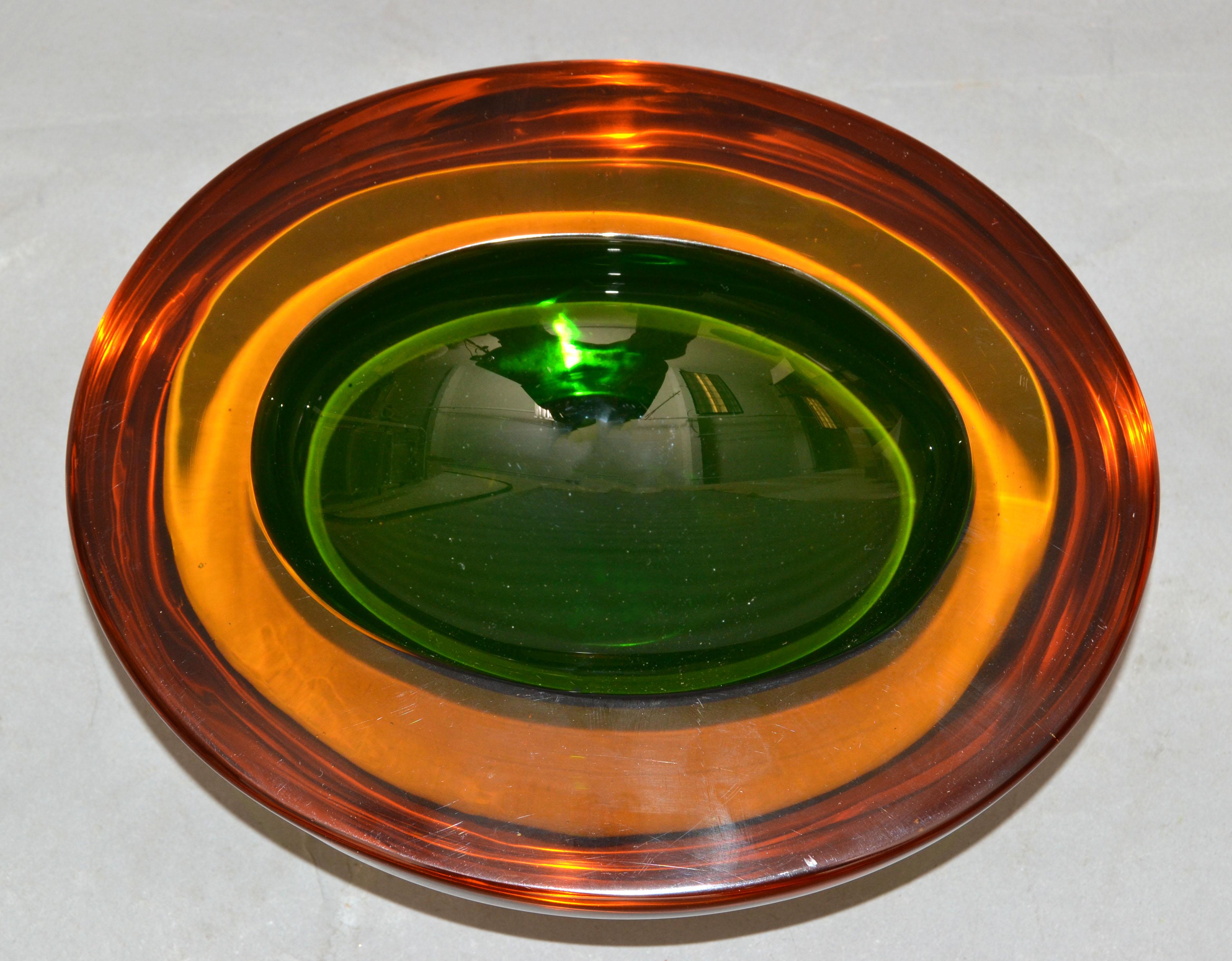 Italian Murano Art Glass Oval Red, Orange & Green Blown Glass Catchall, Bowl Italy 1960 For Sale