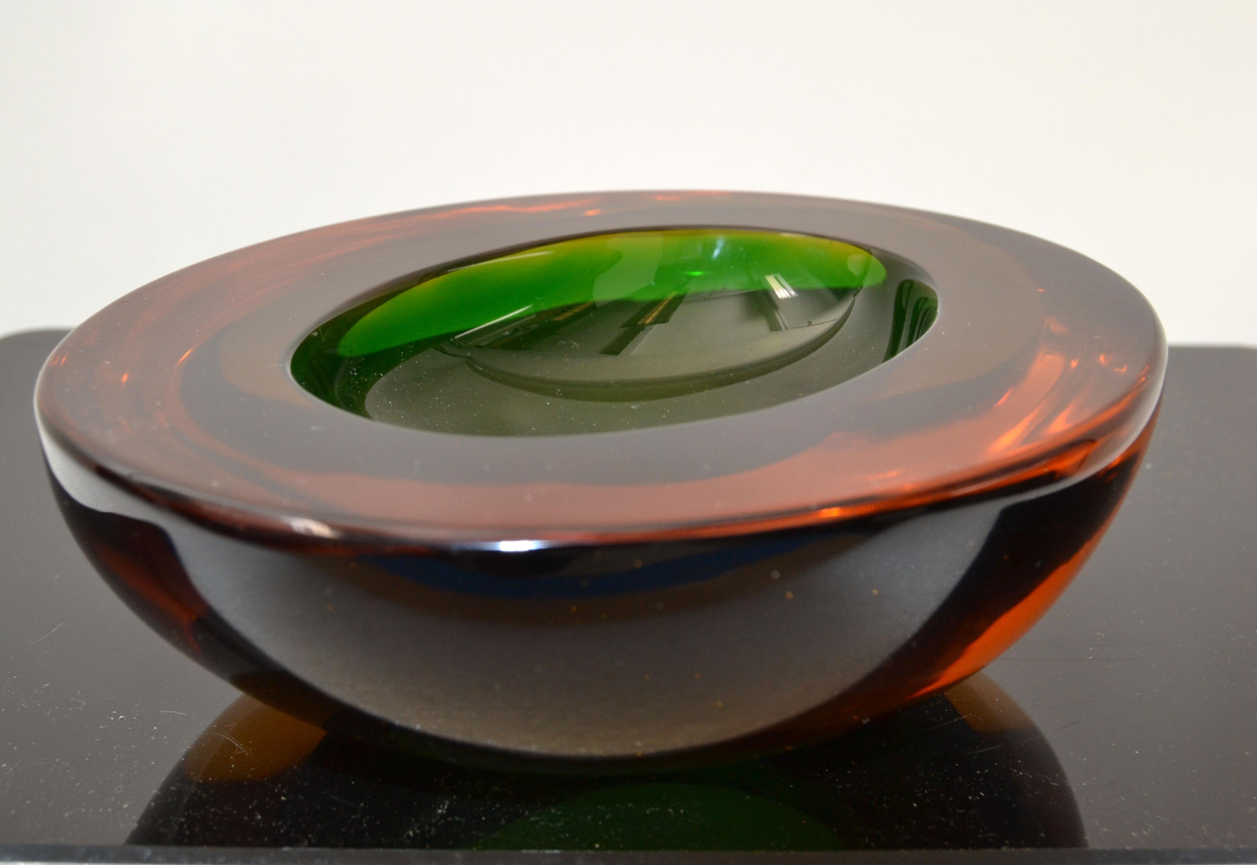 Hand-Crafted Murano Art Glass Oval Red, Orange & Green Blown Glass Catchall, Bowl Italy 1960 For Sale