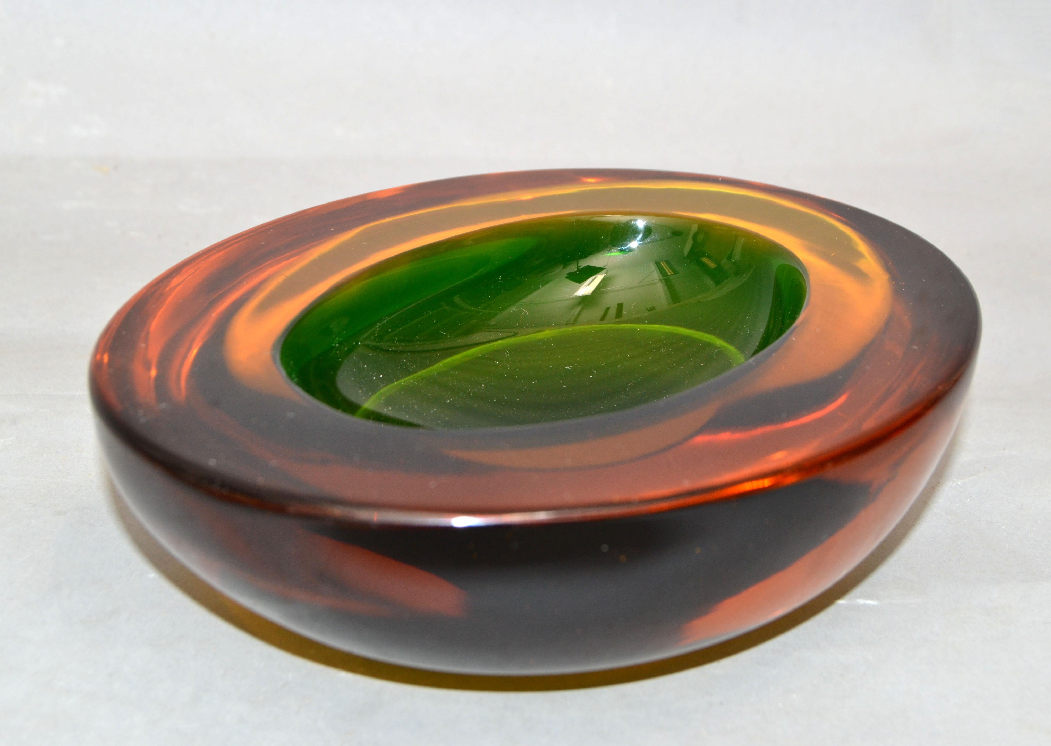 20th Century Murano Art Glass Oval Red, Orange & Green Blown Glass Catchall, Bowl Italy 1960 For Sale