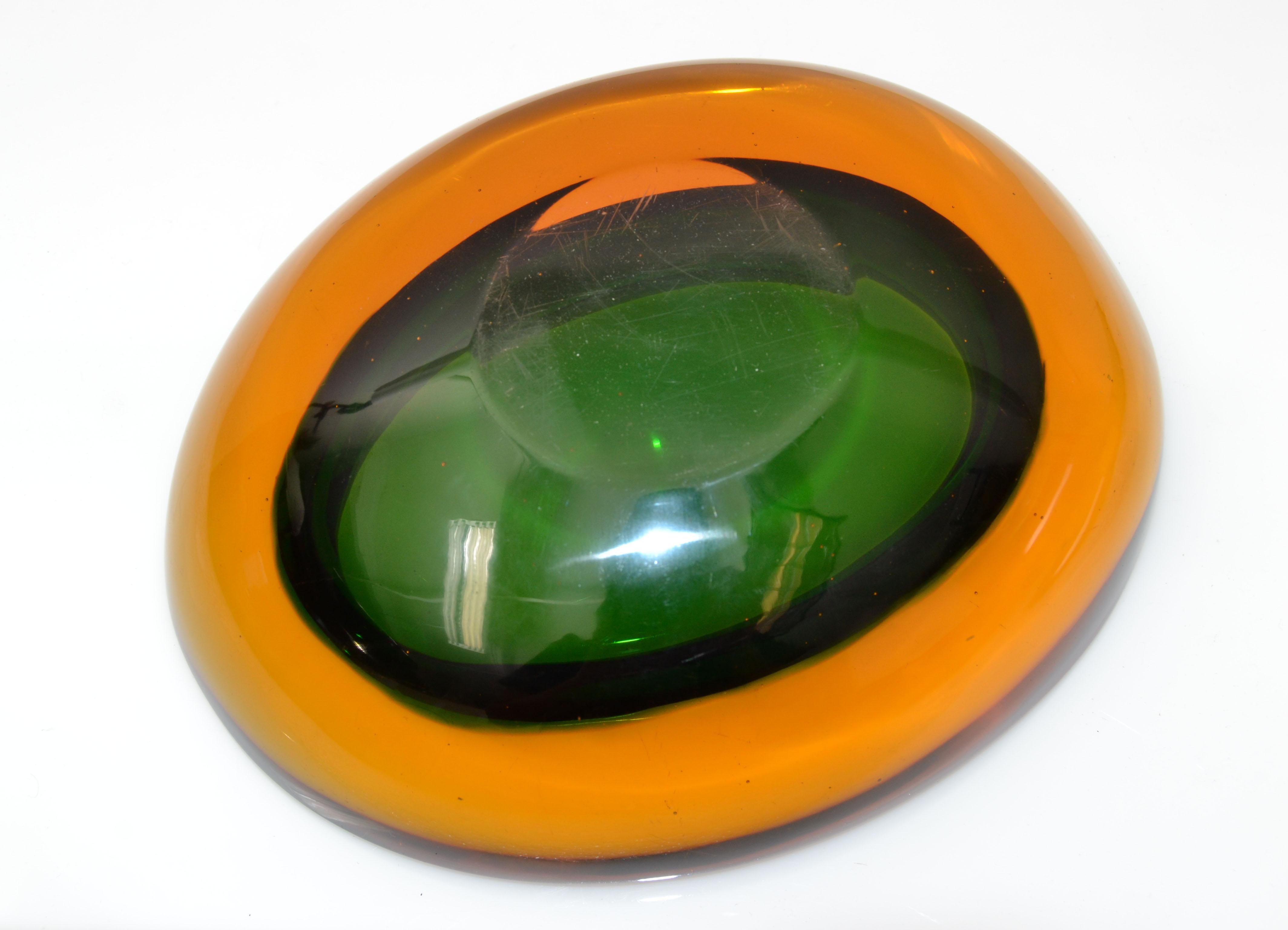 Murano Glass Murano Art Glass Oval Red, Orange & Green Blown Glass Catchall, Bowl Italy 1960 For Sale