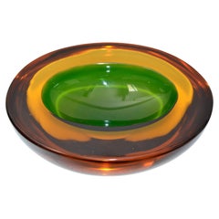 Murano Art Glass Oval Red, Orange & Green Blown Glass Catchall, Bowl Italy 1960