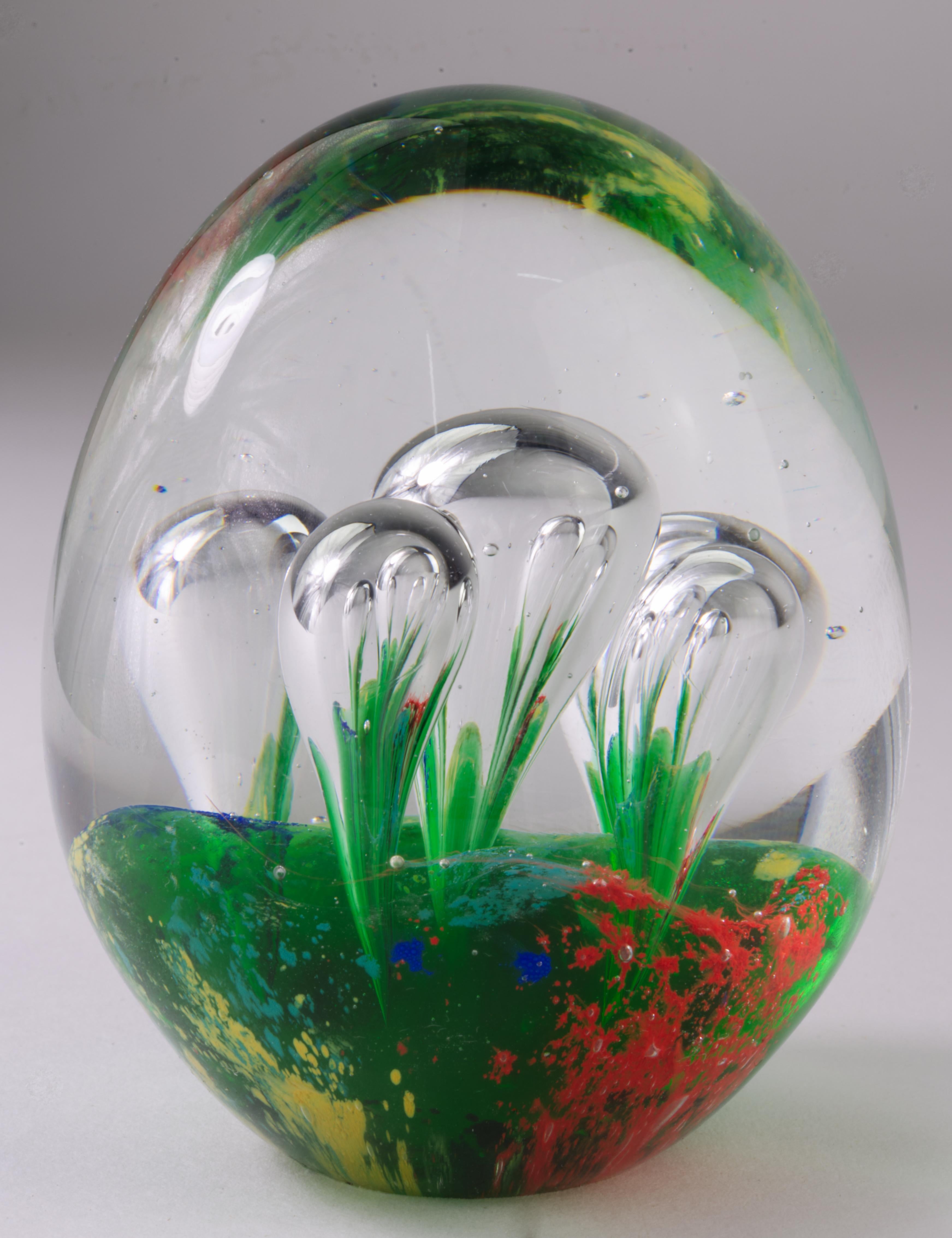 Organic Modern Murano Art Glass Paperweight Green Red Clear Controlled Bubbles