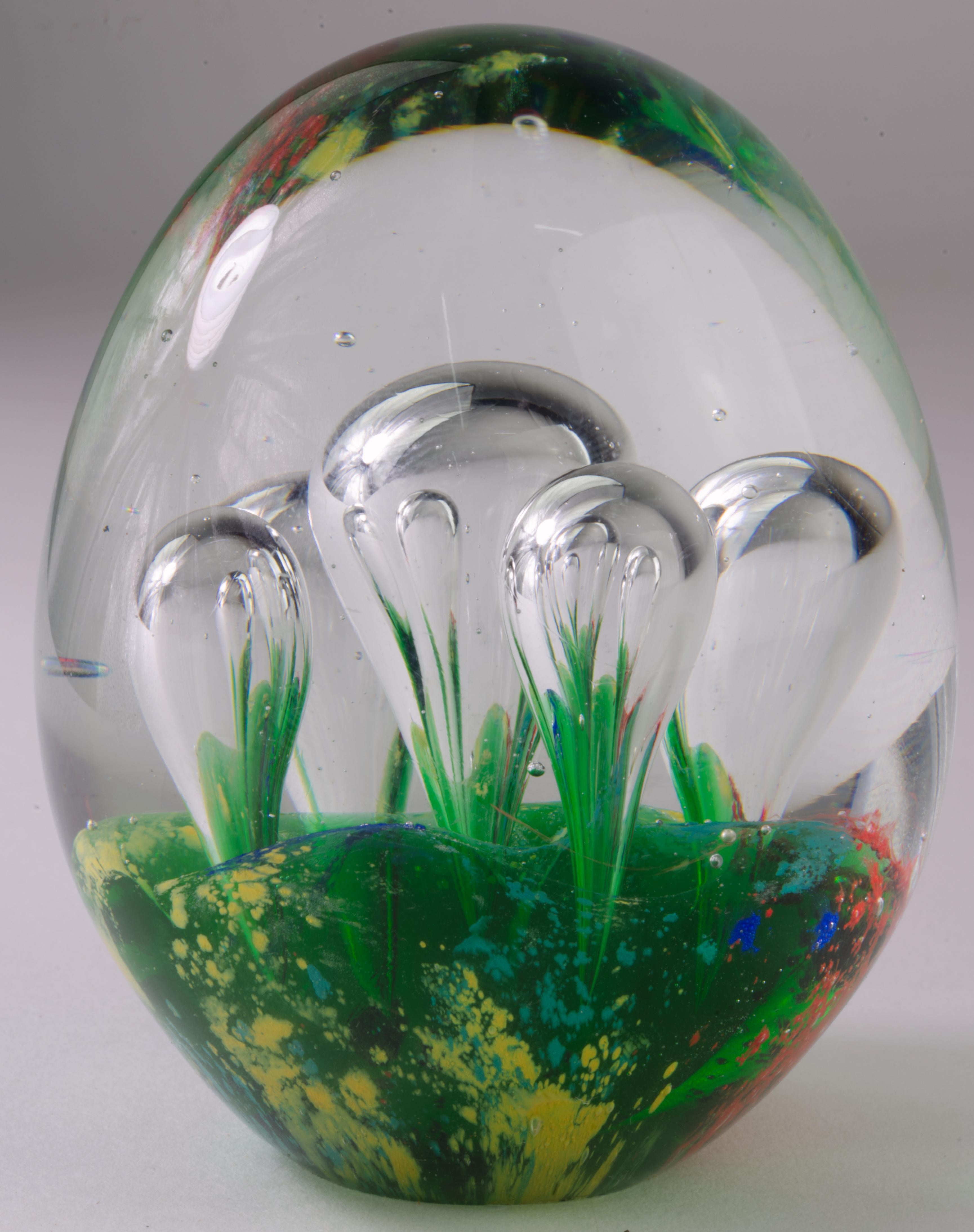 American Murano Art Glass Paperweight Green Red Clear Controlled Bubbles