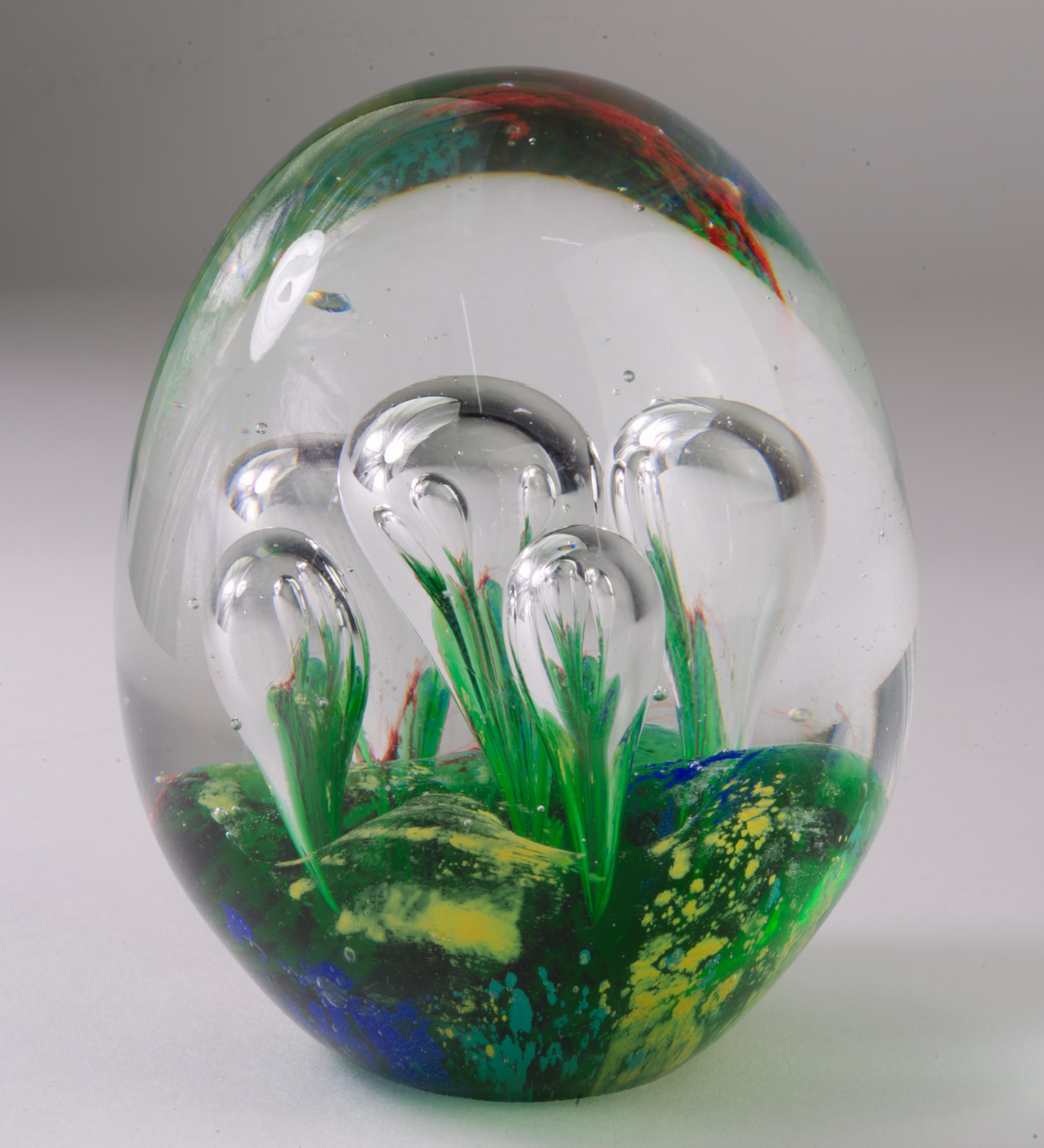 Hand-Crafted Murano Art Glass Paperweight Green Red Clear Controlled Bubbles