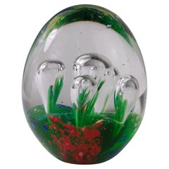 Vintage Murano Art Glass Paperweight Green Red Clear Controlled Bubbles