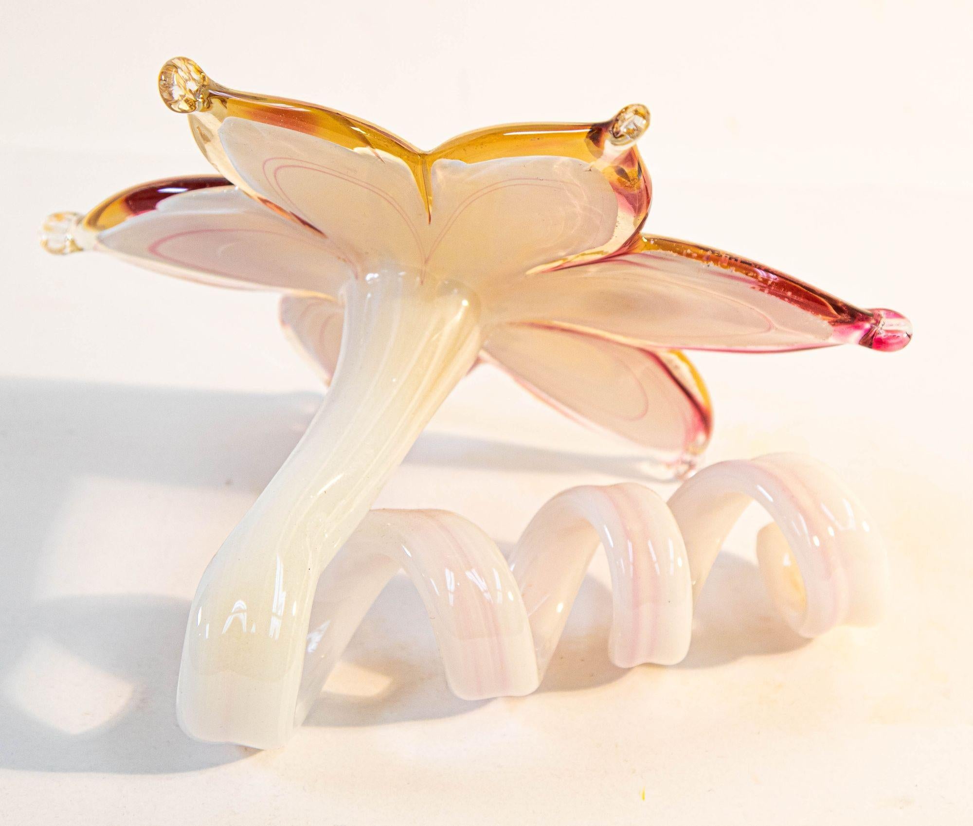 20th Century Murano Art Glass Paperweight Lily Shaped Flower with Curled Stem Italy For Sale