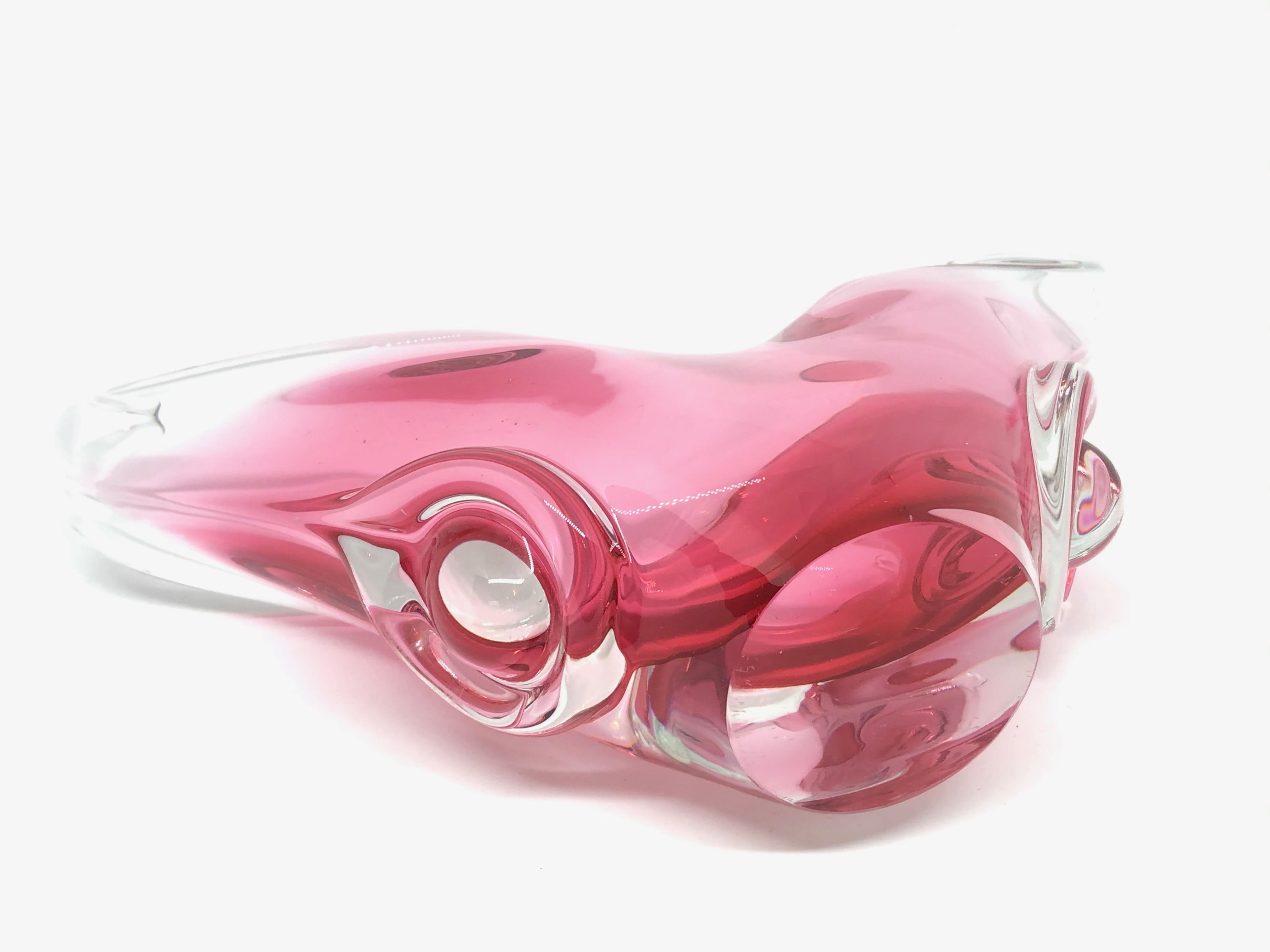 Late 20th Century Murano Art Glass Pink and Clear Bowl Object Vintage, Italy, Sommerso, 1970s For Sale