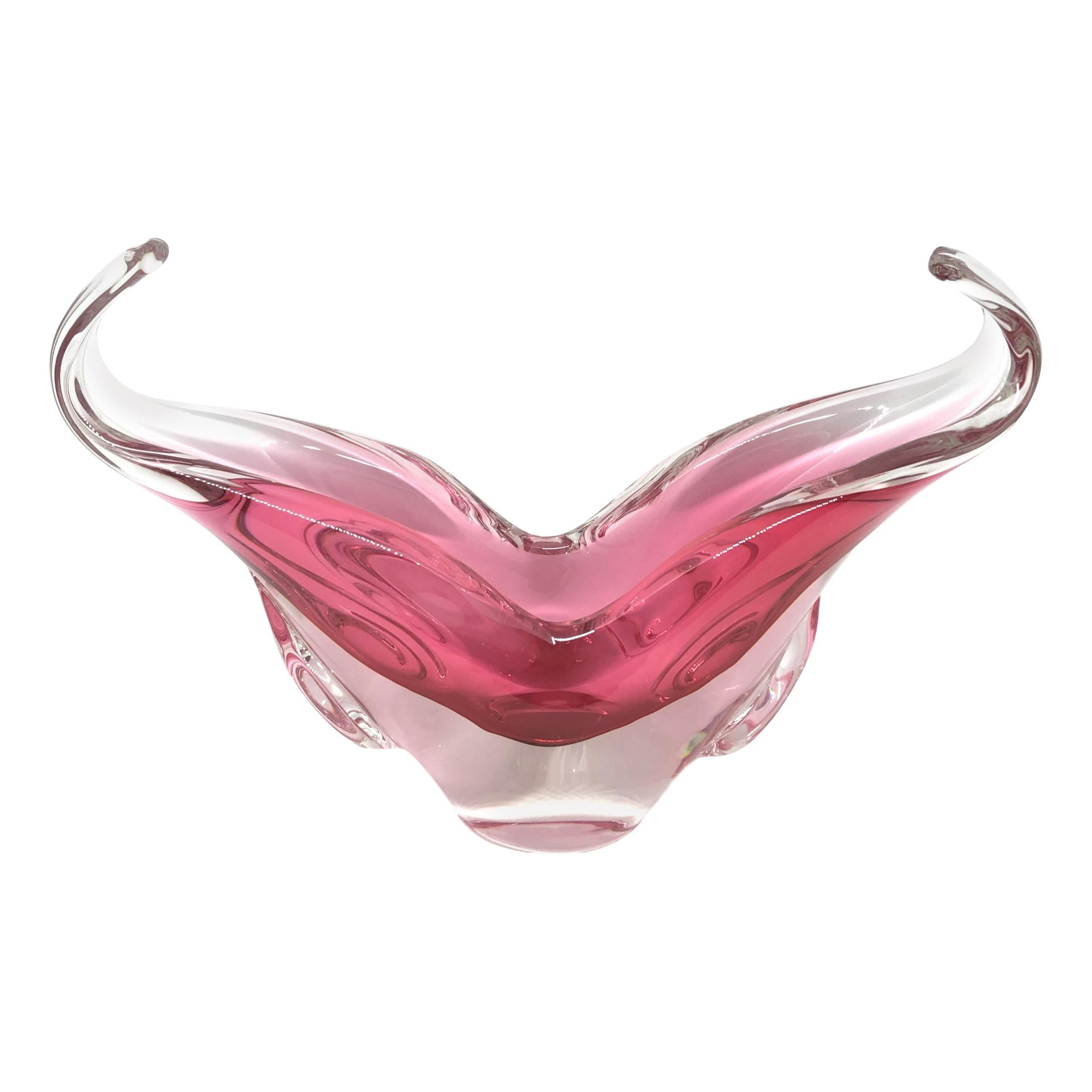 Murano Art Glass Pink and Clear Bowl Object Vintage, Italy, Sommerso, 1970s