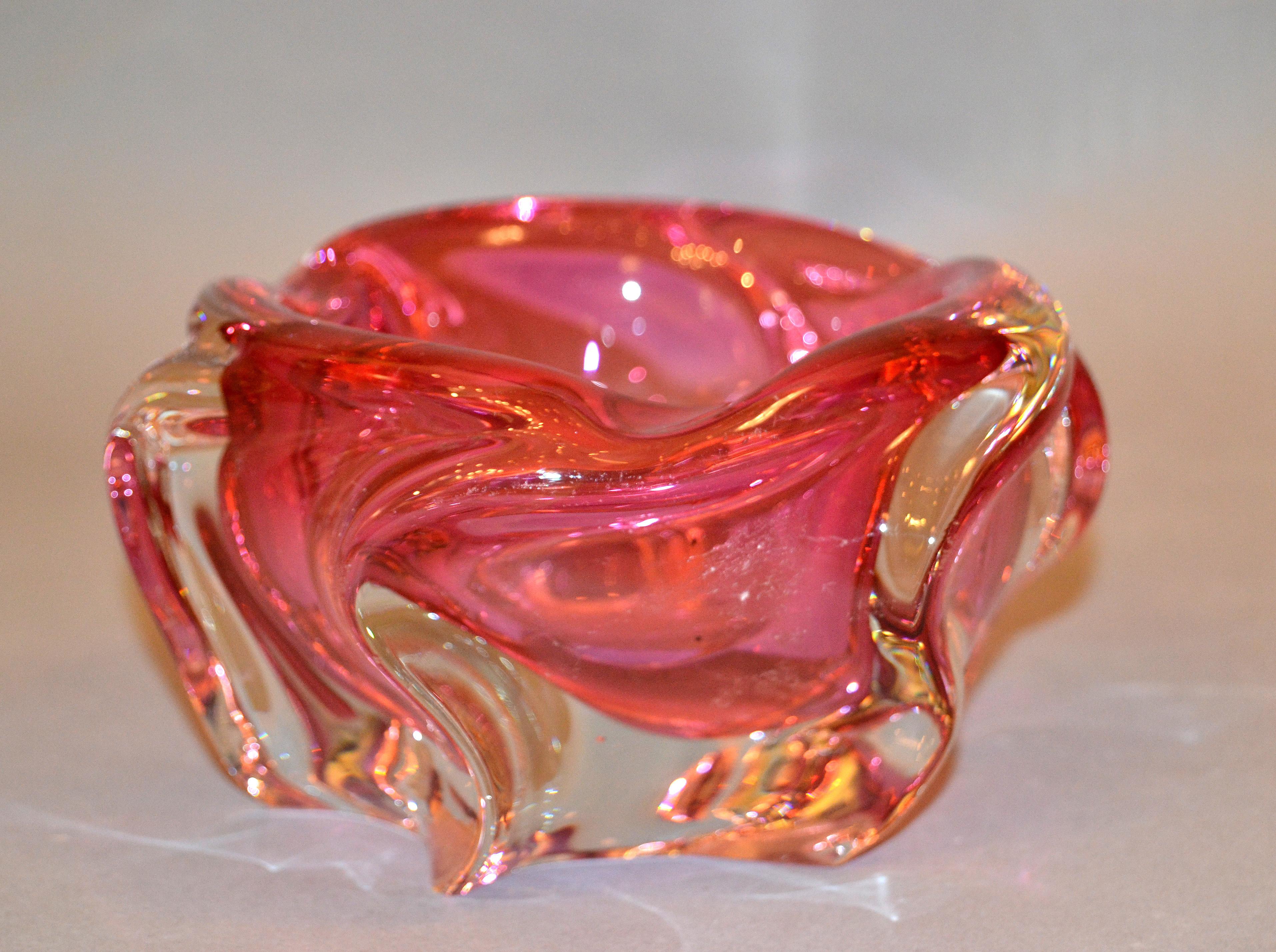 Mid-Century Modern Murano Art Glass Pink & Clear Blown Glass Catchall, Bowl, Ashtray Made In Italy