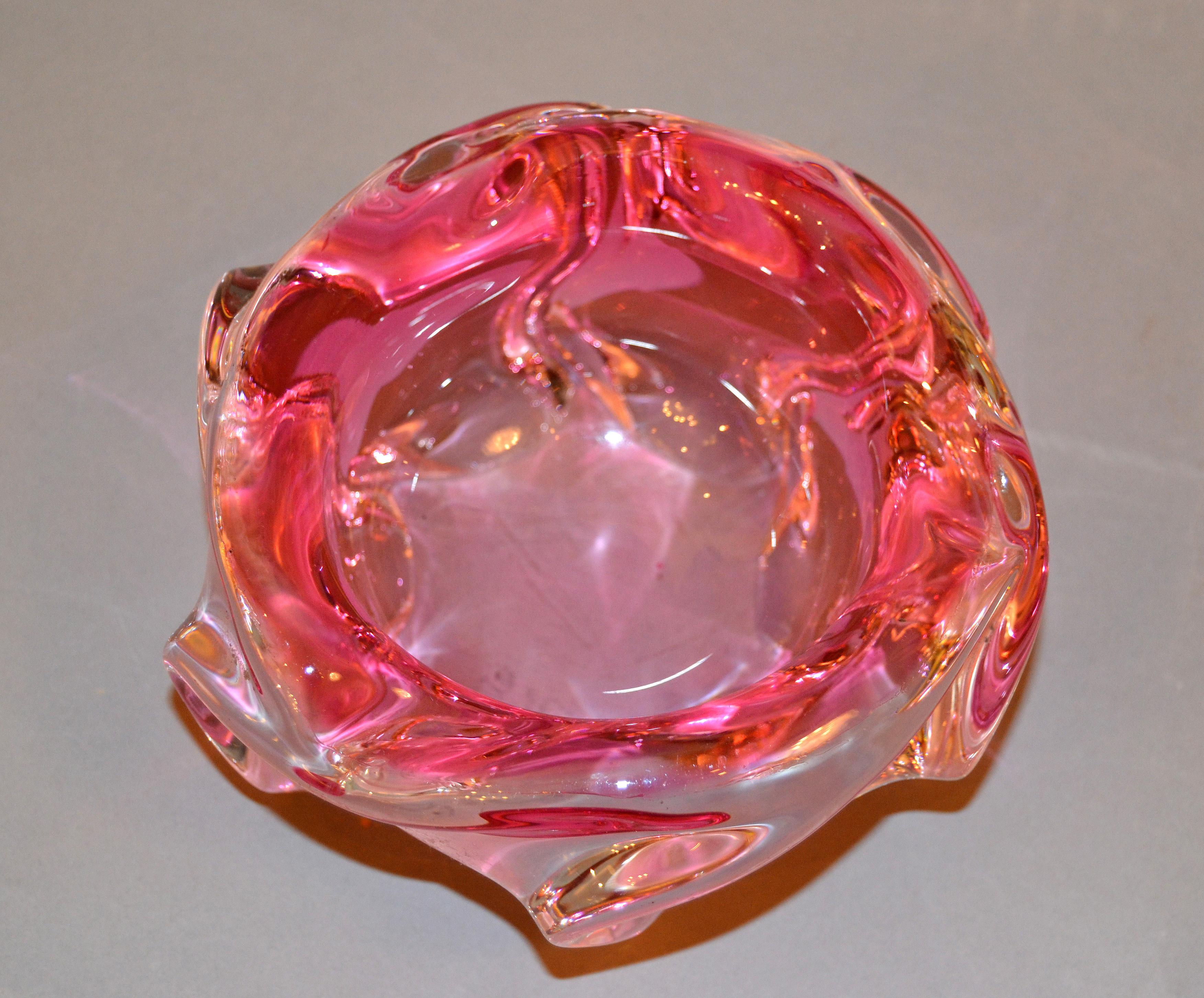 Italian Murano Art Glass Pink & Clear Blown Glass Catchall, Bowl, Ashtray Made In Italy