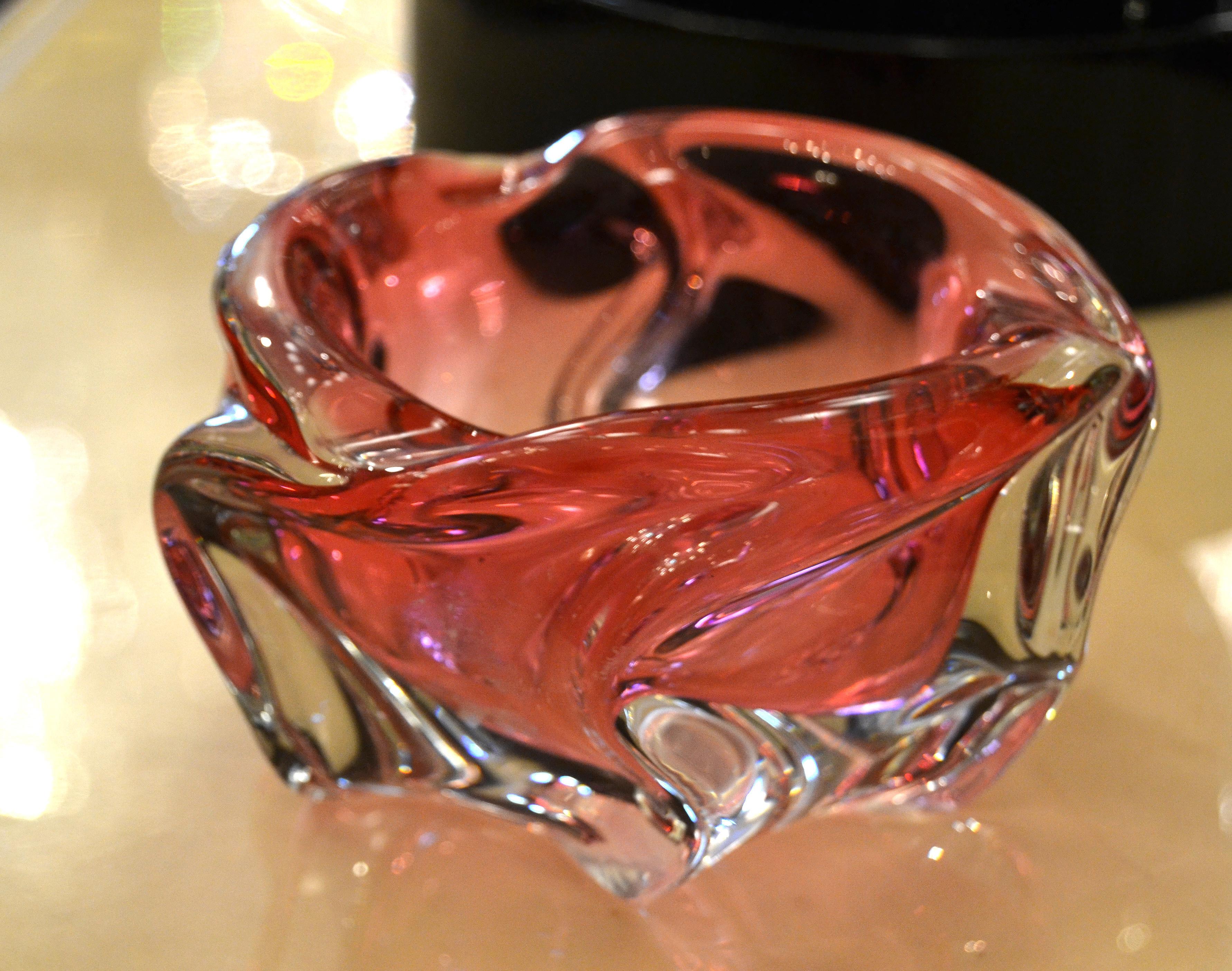 Hand-Crafted Murano Art Glass Pink & Clear Blown Glass Catchall, Bowl, Ashtray Made In Italy