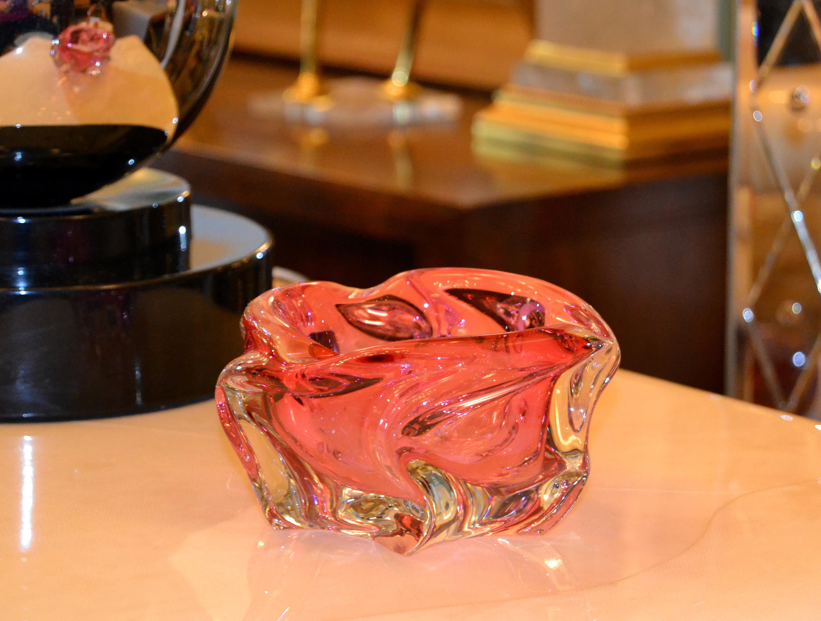 Murano Glass Murano Art Glass Pink & Clear Blown Glass Catchall, Bowl, Ashtray Made In Italy