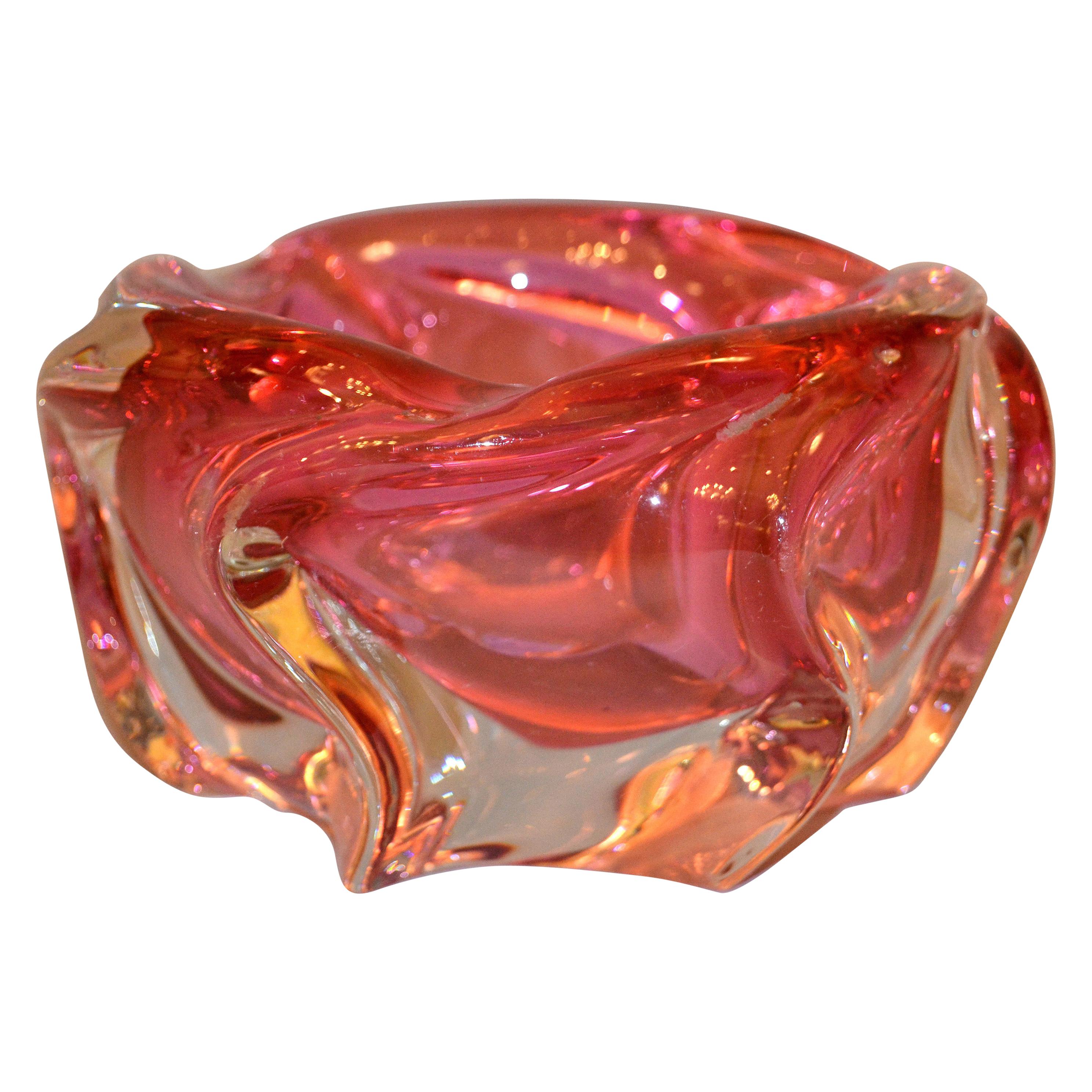 Murano Art Glass Pink & Clear Blown Glass Catchall, Bowl, Ashtray Made In Italy
