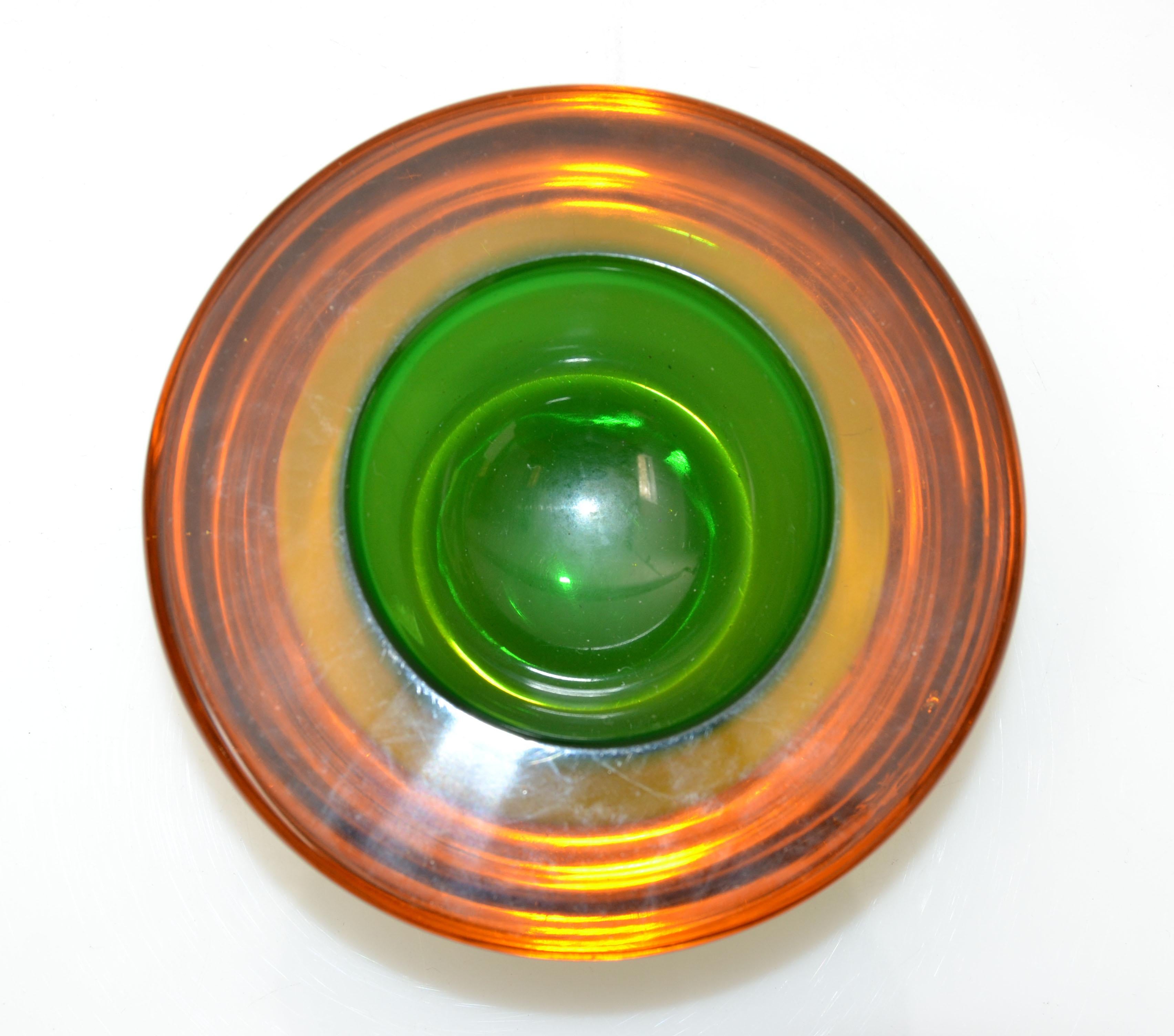 Hand-Crafted Murano Art Glass Round Amber & Green Blown Glass Catchall Bowl, Italy, 1960 For Sale