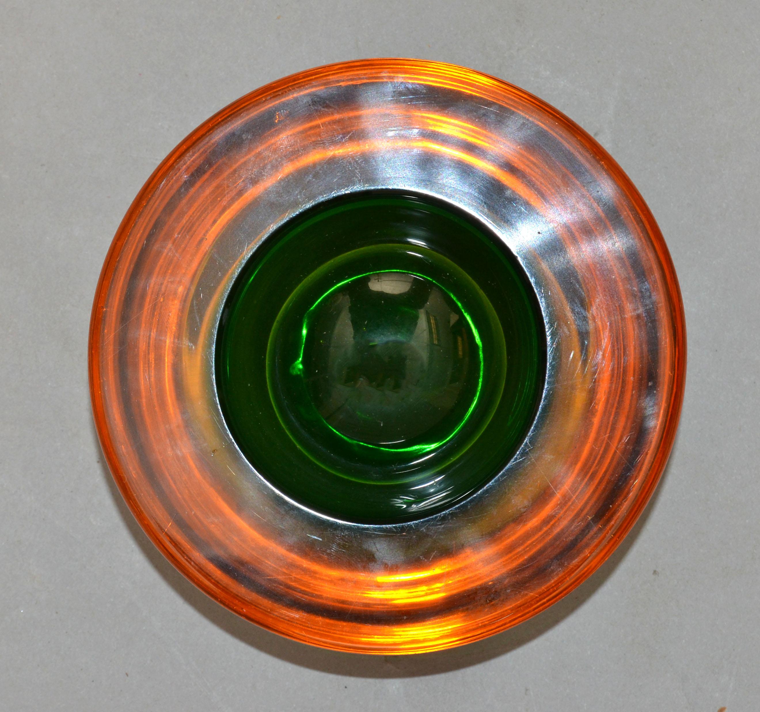 Runde Schale aus mundgeblasenem Murano-Kunstglas in Bernstein und Grün, Italien, 1960 im Angebot 1
