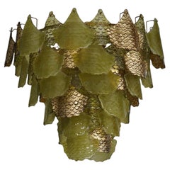 Murano Art Glass Round Green and Gold Color Mid-Century Chandeliers, 2020