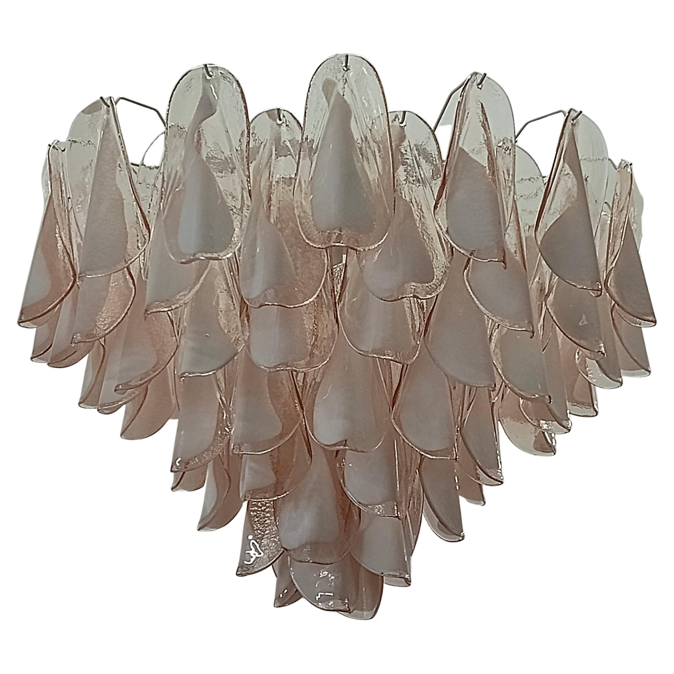 Murano Art Glass Round Light Pink and White Color Mid-Century Chandeliers, 2000