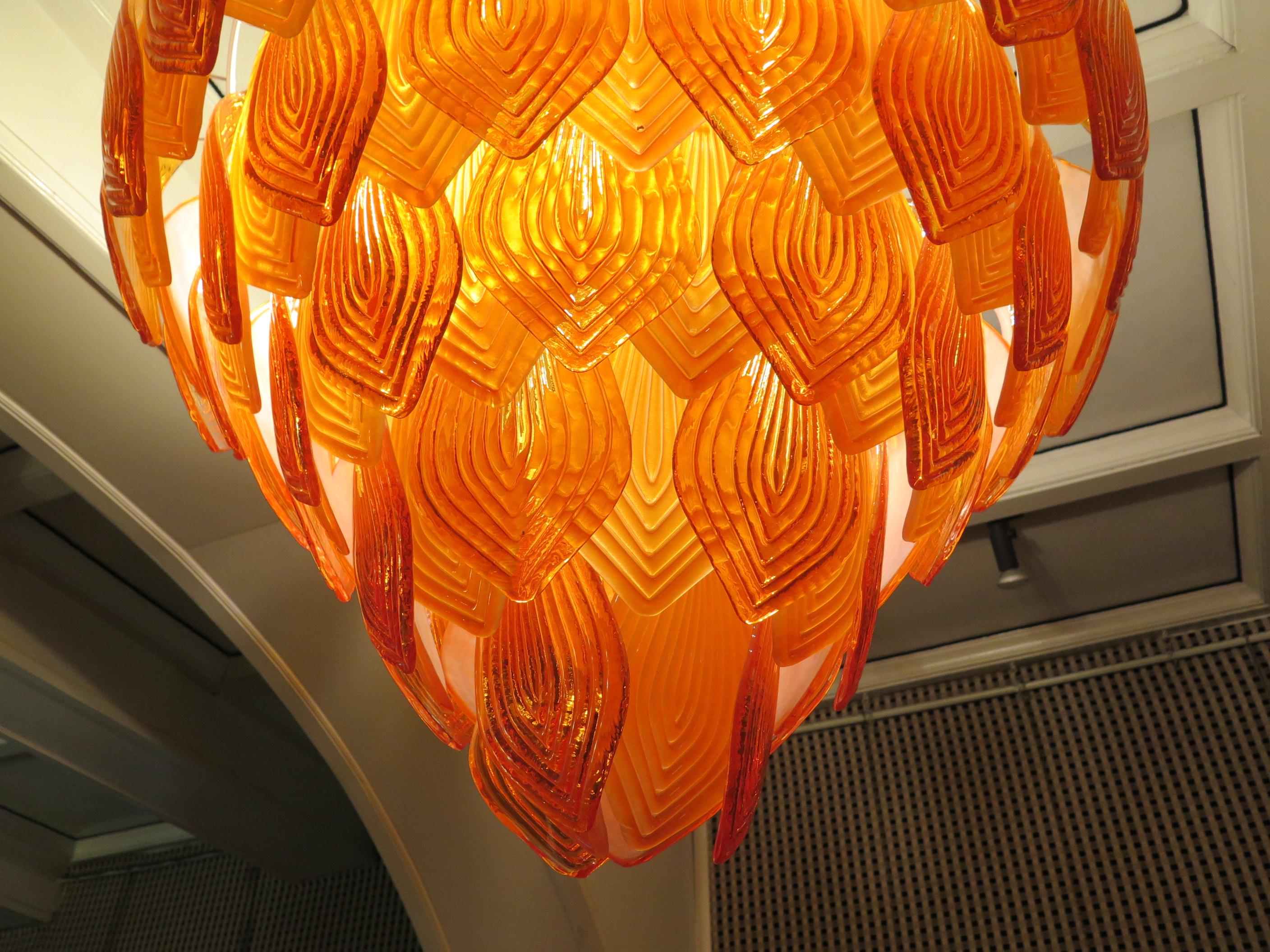 Murano Art Glass Round Orange Color Art Deco Chandeliers and Pendant, 1940 For Sale 1