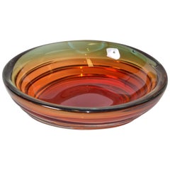 Murano Art Glass Round Red, Orange & Green Blown Glass Catchall, Bowl Italy 1970