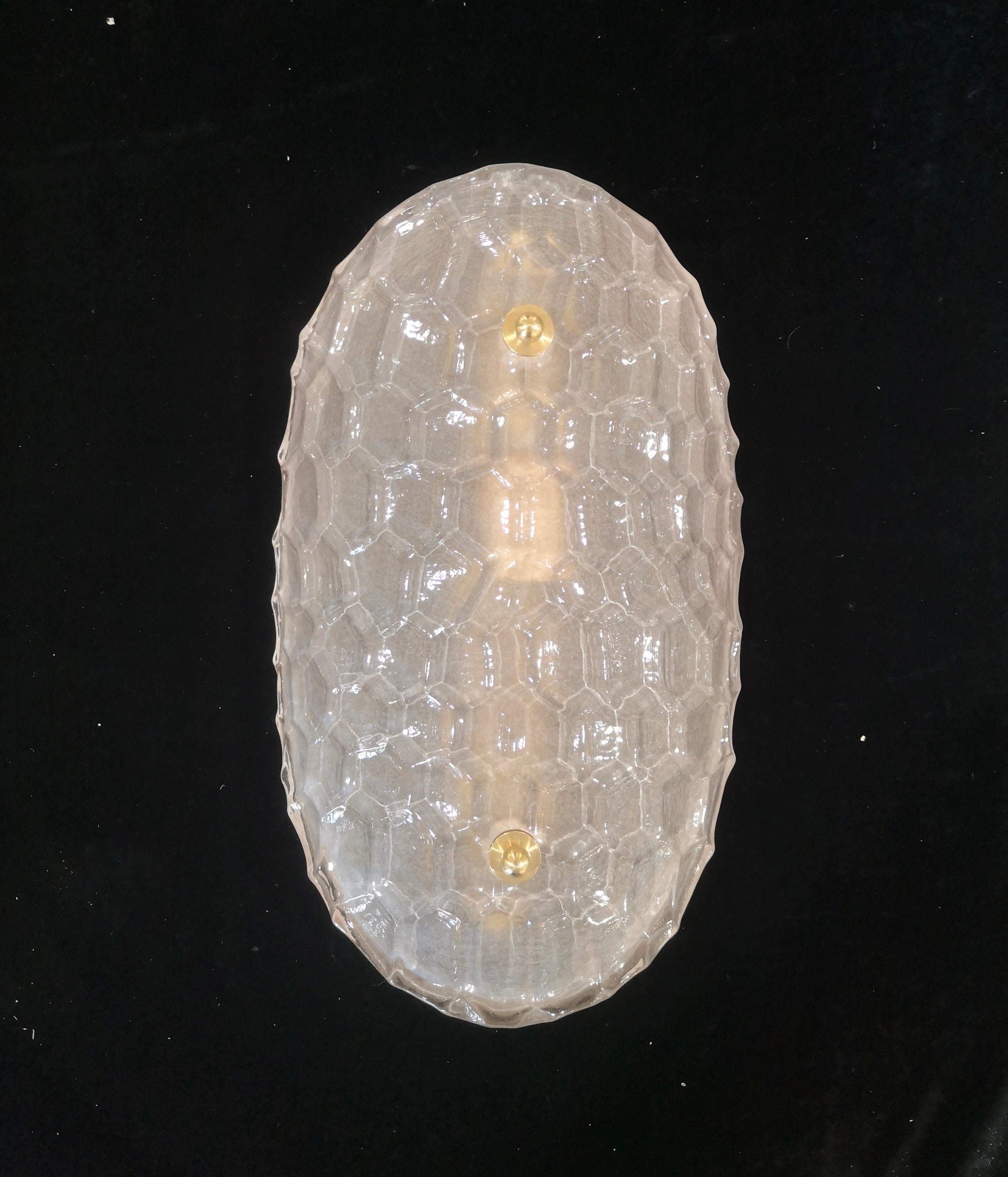 Precioso diseño para este aplique en forma de escudo, todo arenado con una elaboración particular en la parte visible. Los hornos de Murano crean un diseño indiscutible e intemporal, sencillo pero elegante al mismo tiempo.

El aplique está hecho de
