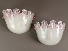 Murano art glass set of two 1980s wall lamps in white and peachy pink grit