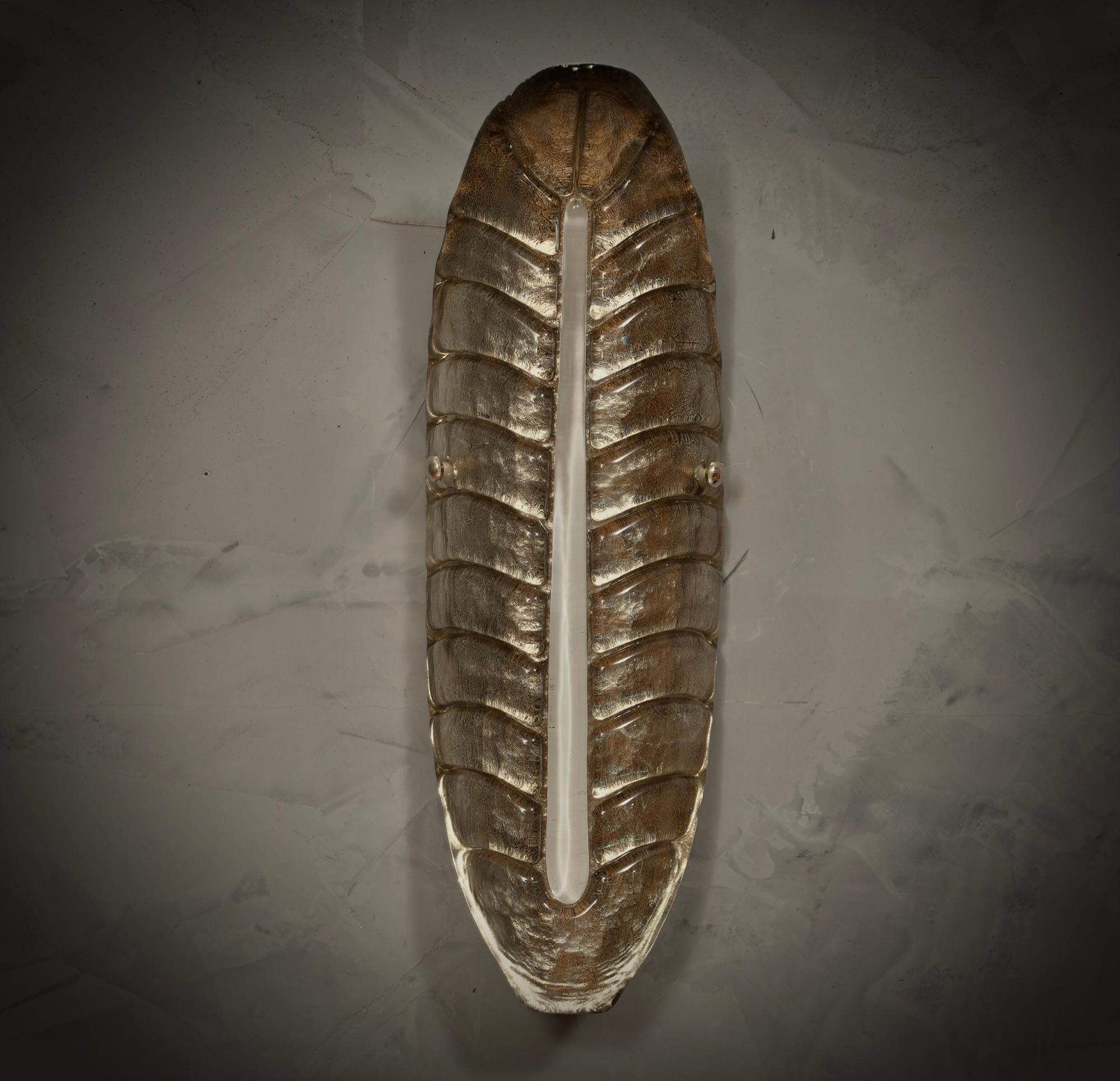 Bellissimo design per questa applique a forma di foglia, tutta d'argento con una nervatura verticale bianca. I forni di Murano creano un indiscutibile design senza tempo, semplice ma elegante allo stesso tempo.

L'applicazione è costituita da un