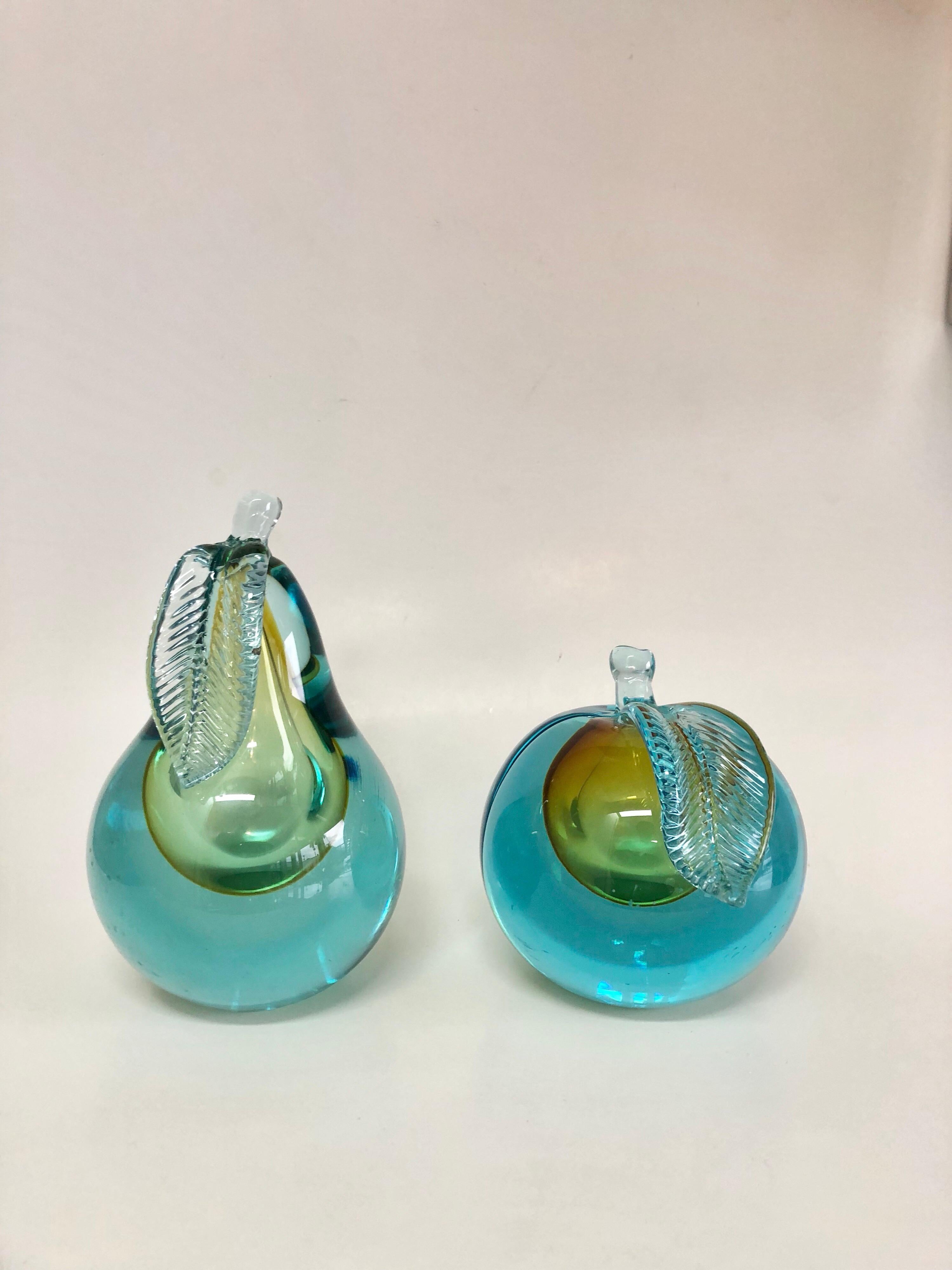 A set of apple and pear bookends in Murano Sommerso art glass. Great set of vintage Murano glass. Nice shapes and colors.