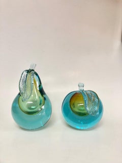 Murano Art Glass Sommerso Apple and Pear Bookends Sculptures