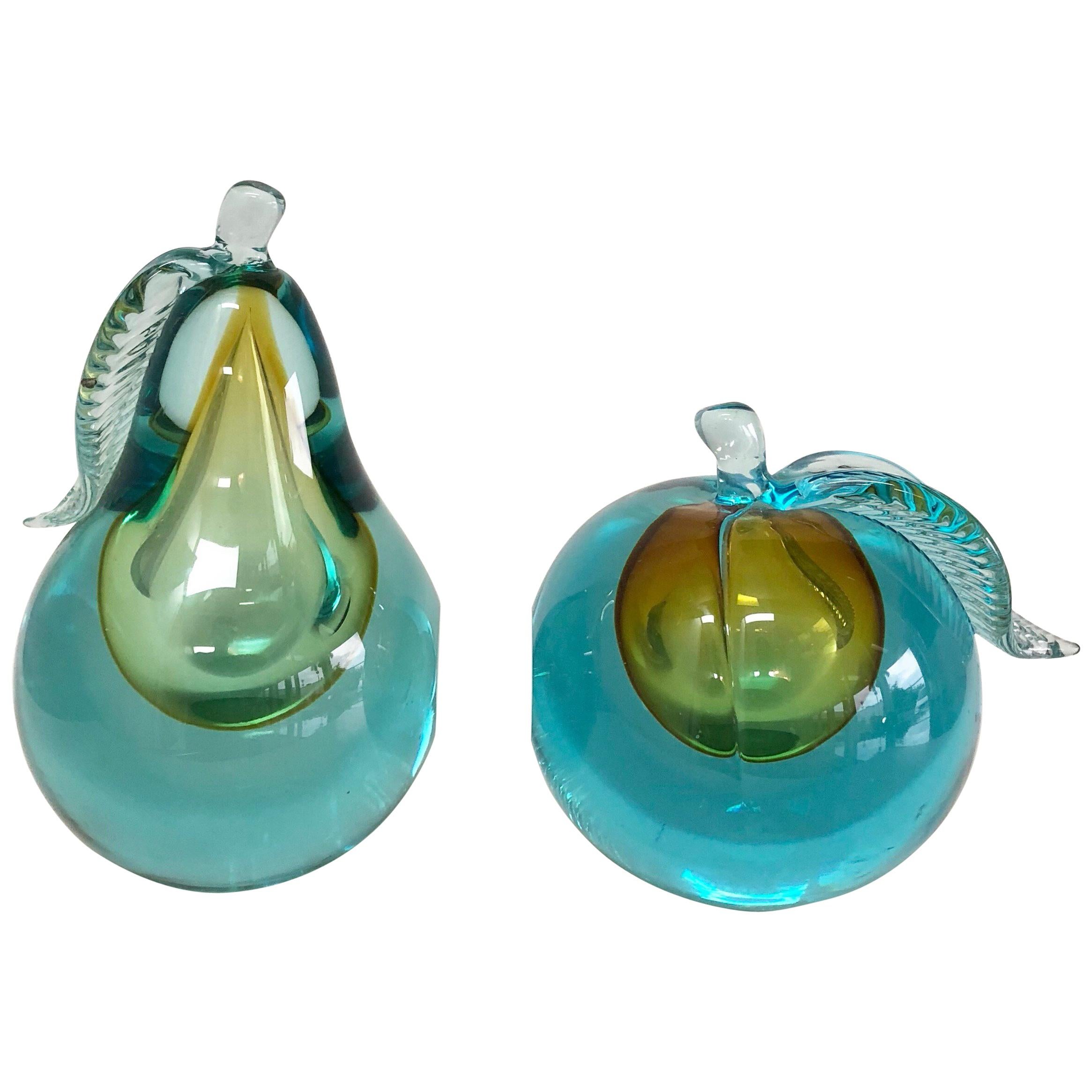 Murano Art Glass Sommerso Apple and Pear Bookends Sculptures