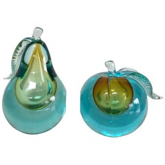 Murano Art Glass Sommerso Apple and Pear Bookends Sculptures