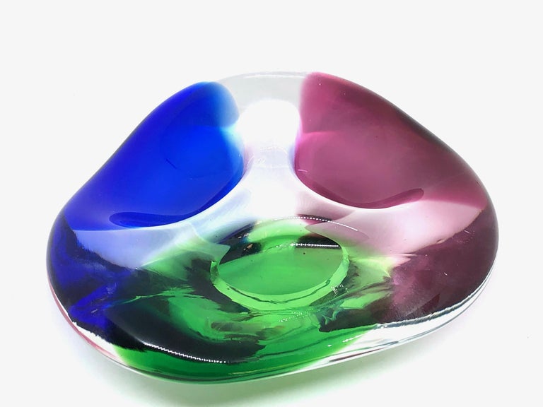 Italian Murano Art Glass Sommerso Bowl Blue, Clear, Red and Green Vintage, Italy, 1980s For Sale