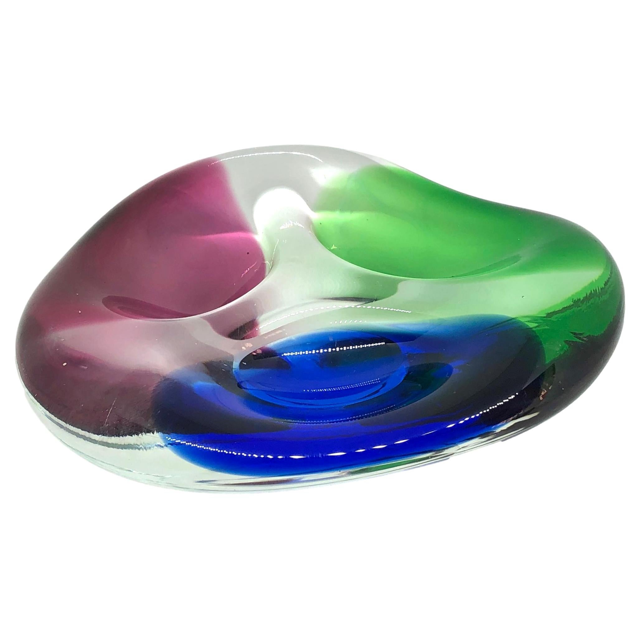 Murano Art Glass Sommerso Bowl Blue, Clear, Red and Green Vintage, Italy, 1980s