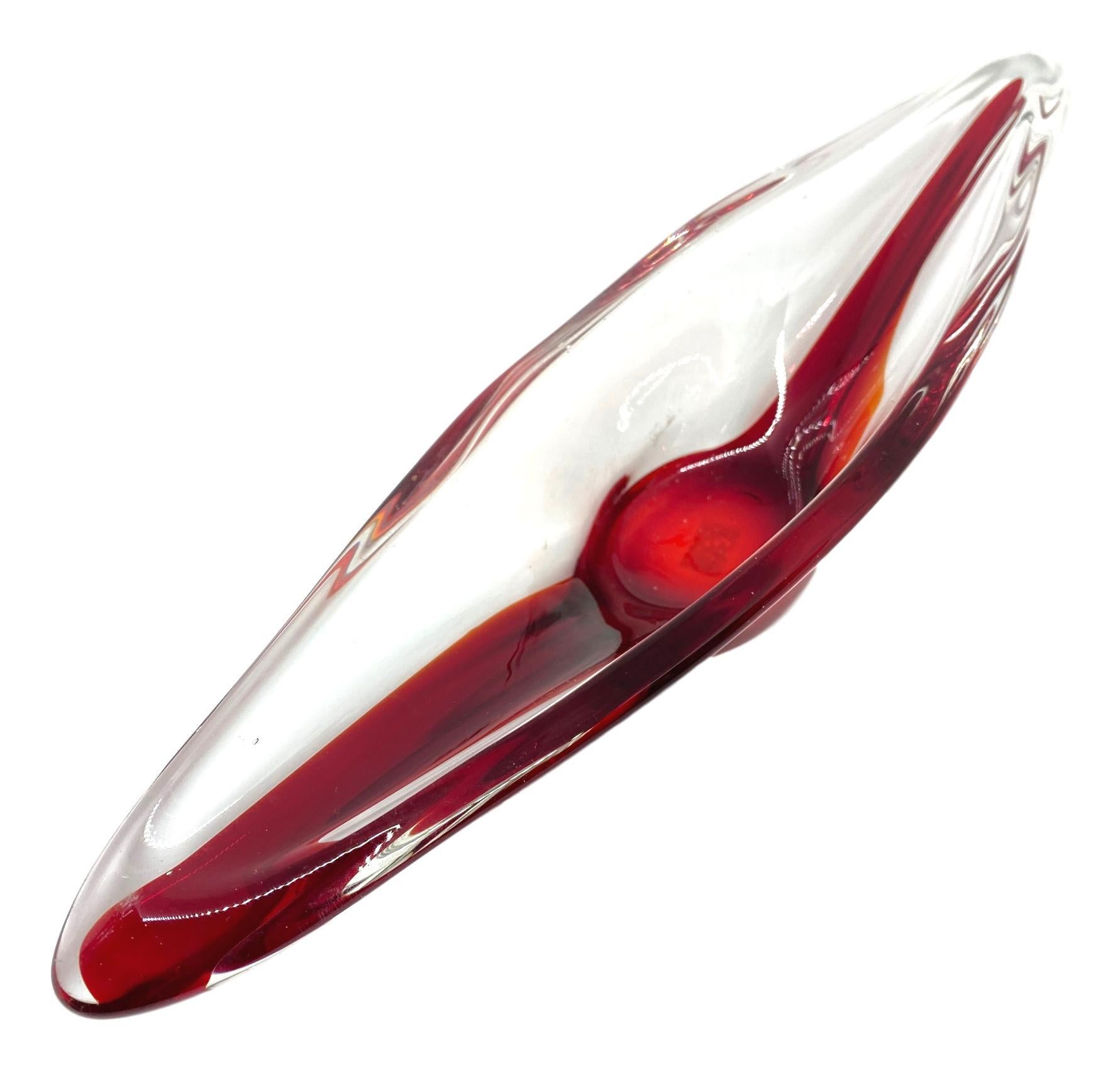 Mid-Century Modern Murano Art Glass Sommerso Bowl Catchall Red and Clear Vintage, Italy