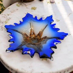 Murano Art Glass Sommerso Bowl Catchall Royal Blue Amber and Clear Vintage Italy