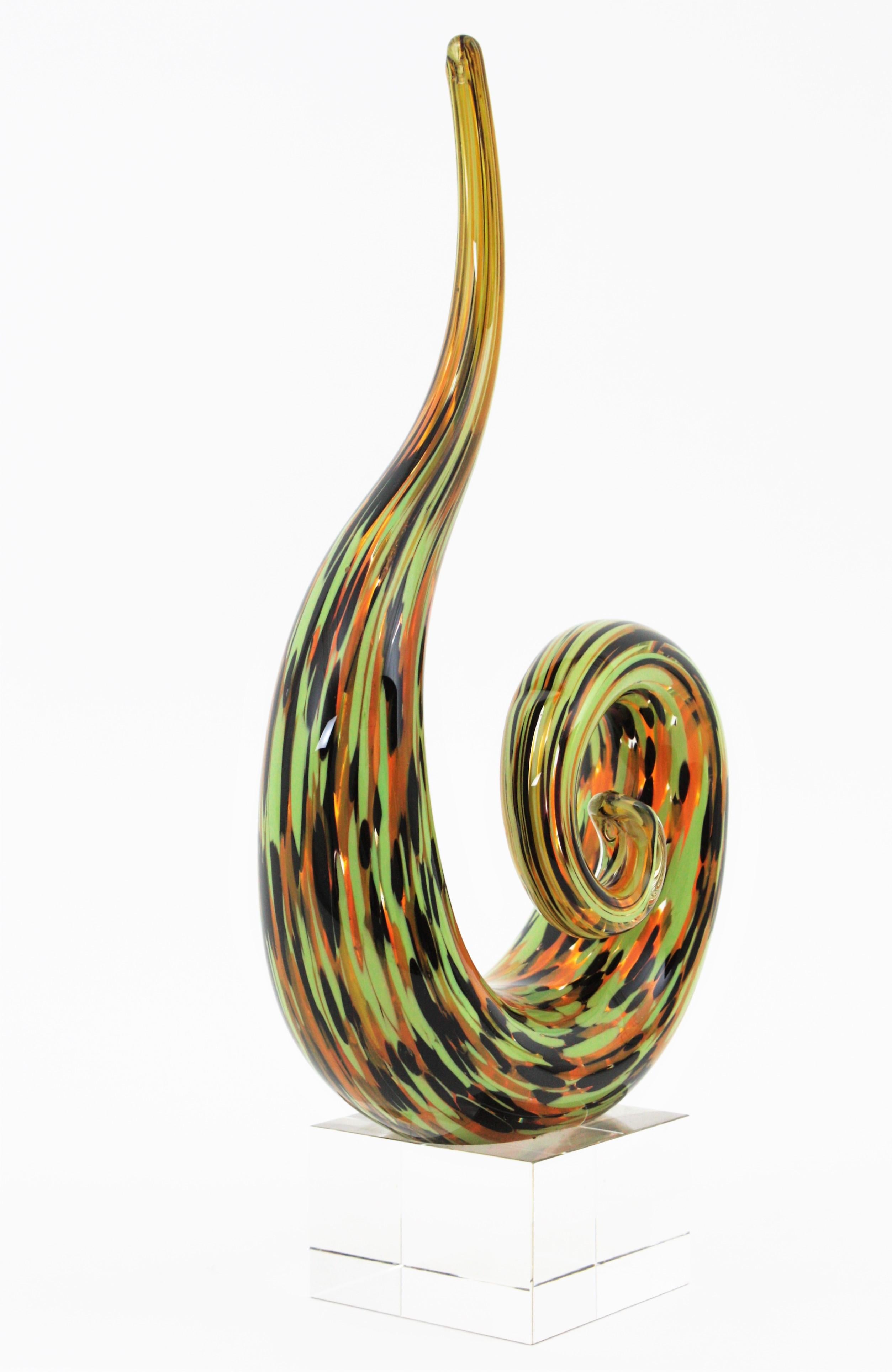 Hand-Crafted Murano Art Glass Multi Color Spiral Paperweight Sculpture, Italy, 1960s For Sale