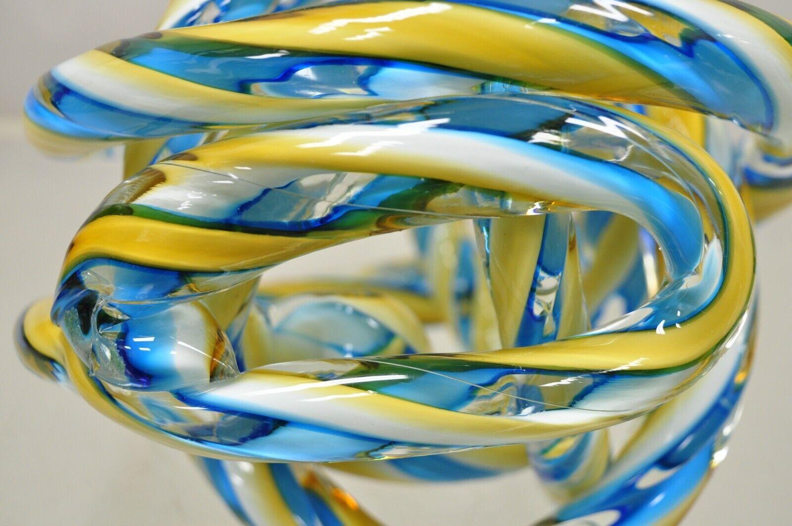 Modern Murano Art Glass Swirl Infinity Knot of Love Blue and Yellow For Sale