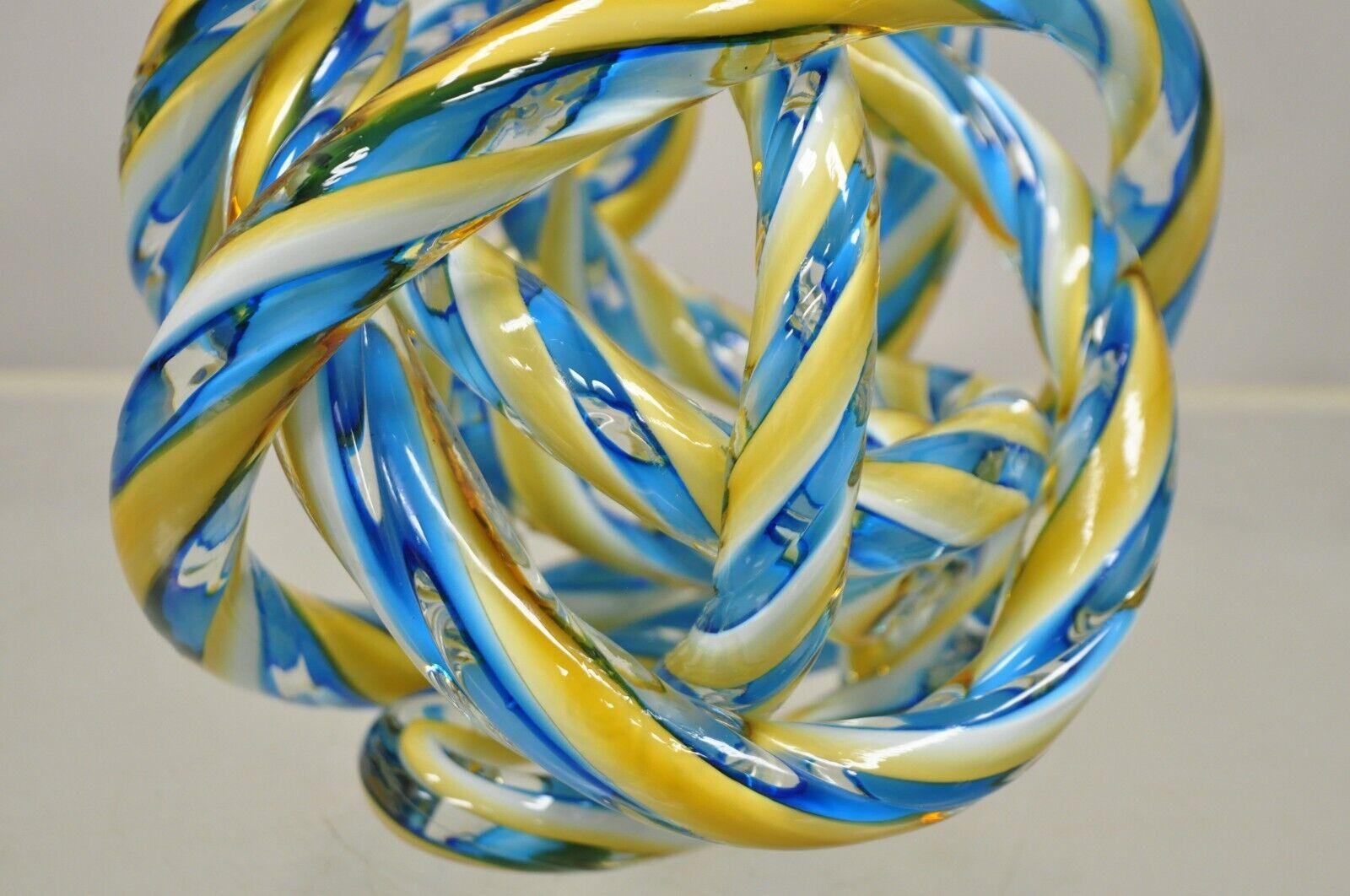 20th Century Murano Art Glass Swirl Infinity Knot of Love Blue and Yellow For Sale