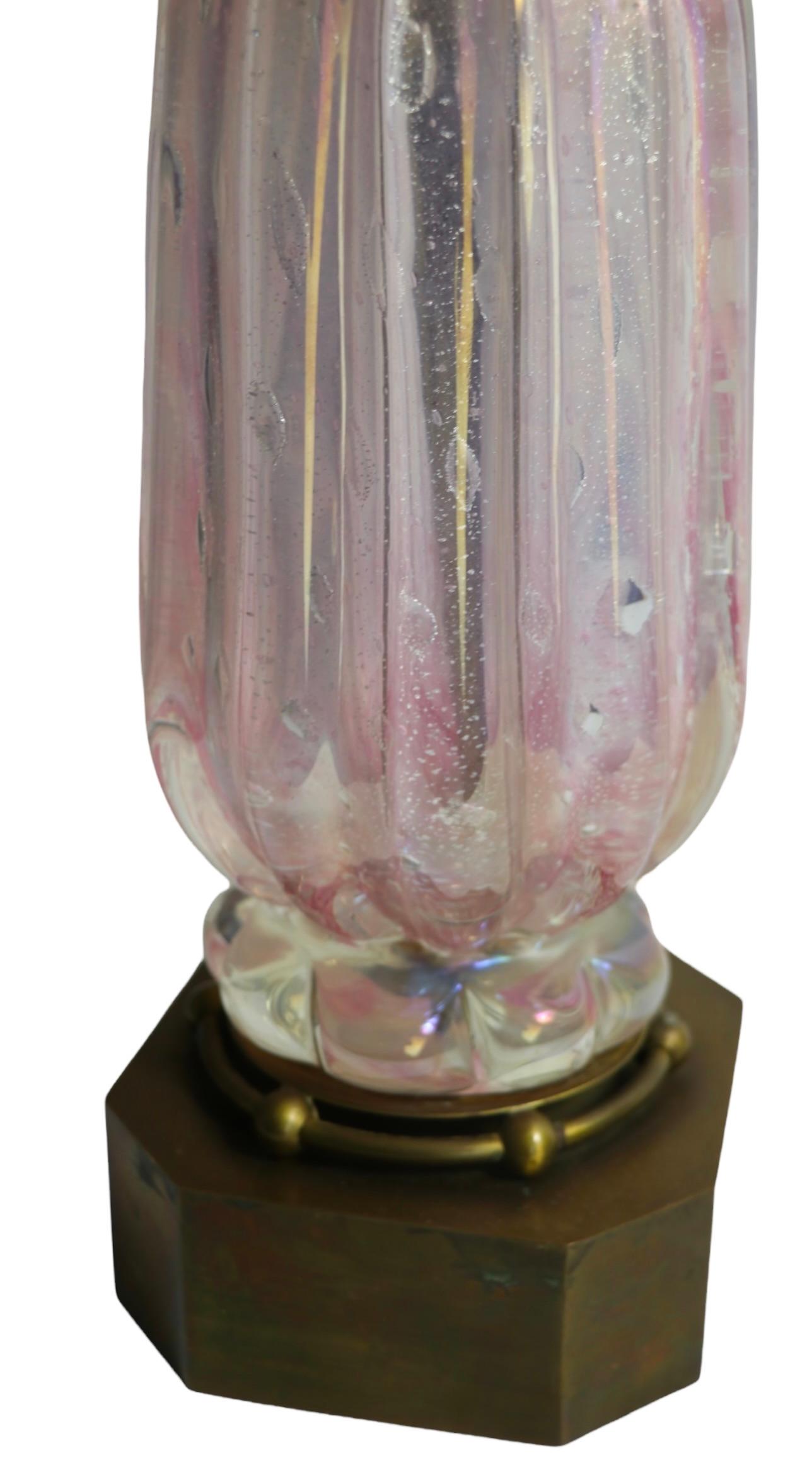 Chic voguish art glass table lamprey Barovier. The lamp features a thick glass vase middle section, on original patinated brass base, it is in very clean, original, and working condition. It accepts a standard size screw in bulb, is currently wired