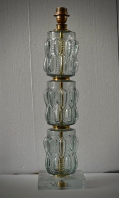 Murano Art Glass Transparent Teal Color and Brass Mid-Century Table Lamp, 2000