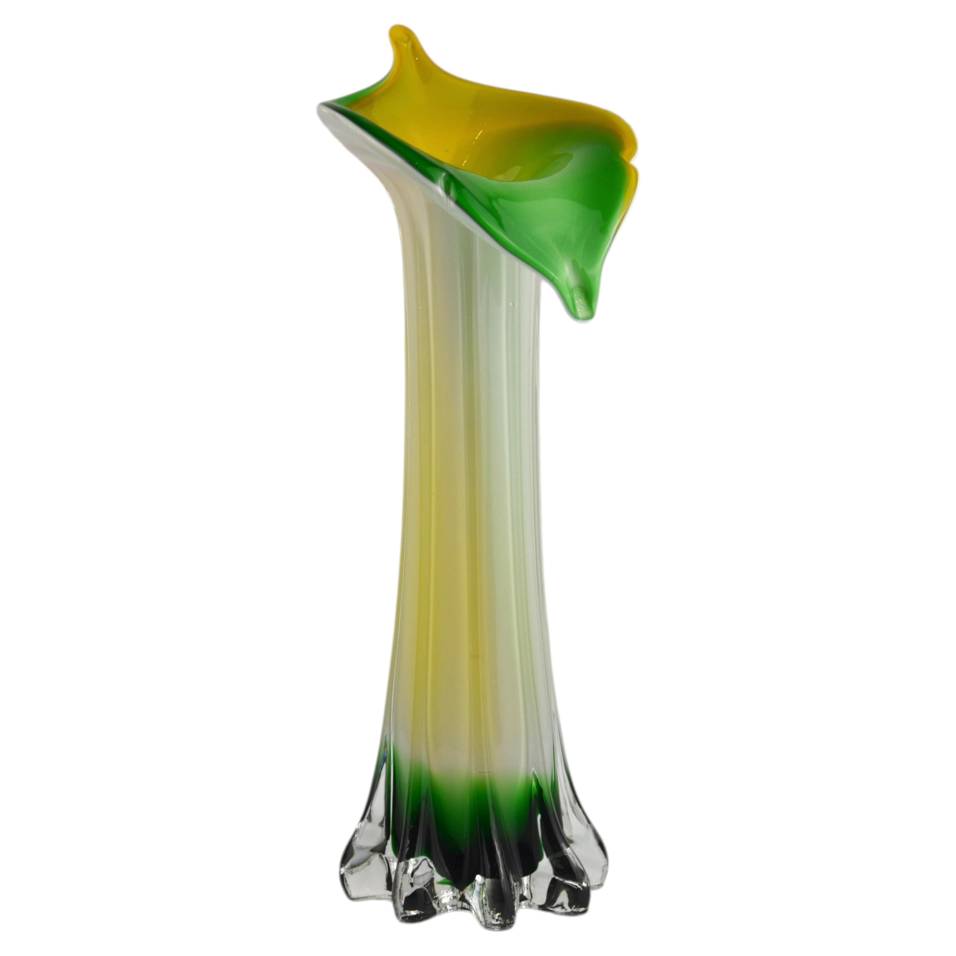 Murano Art Glass Vase Green and Yellow Organic Form